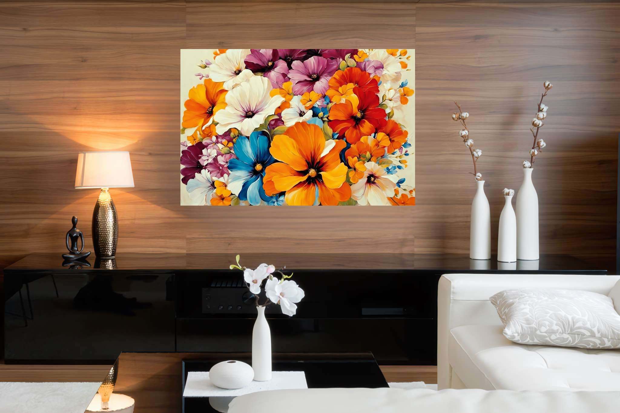 Bloom symphony serenade: Floral art with floral patterns, in a room with urban design, mural artworks, and elegant home goods. The art can be printed on poster, framed poster, canvas, metal, acrylic or wood, exclusively at WallArtZen. Find this exact print at https://wallartzen.com/waz2