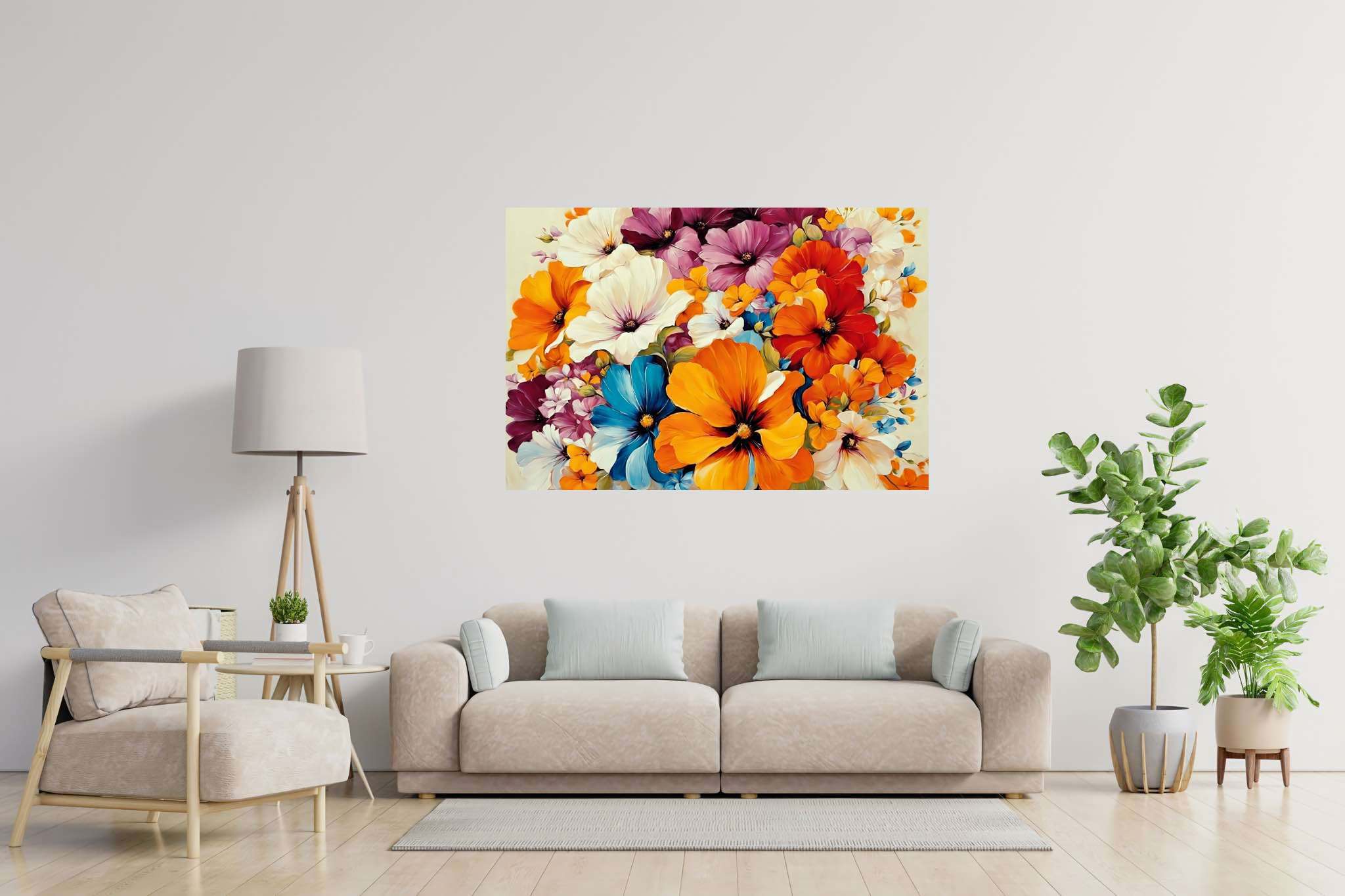 Bloom symphony serenade: Floral art with floral watercolors, in a room with urban design, framed art, and decorative pieces. The art can be printed on poster, framed poster, canvas, metal, acrylic or wood, exclusively at WallArtZen. Find this exact print at https://wallartzen.com/waz2