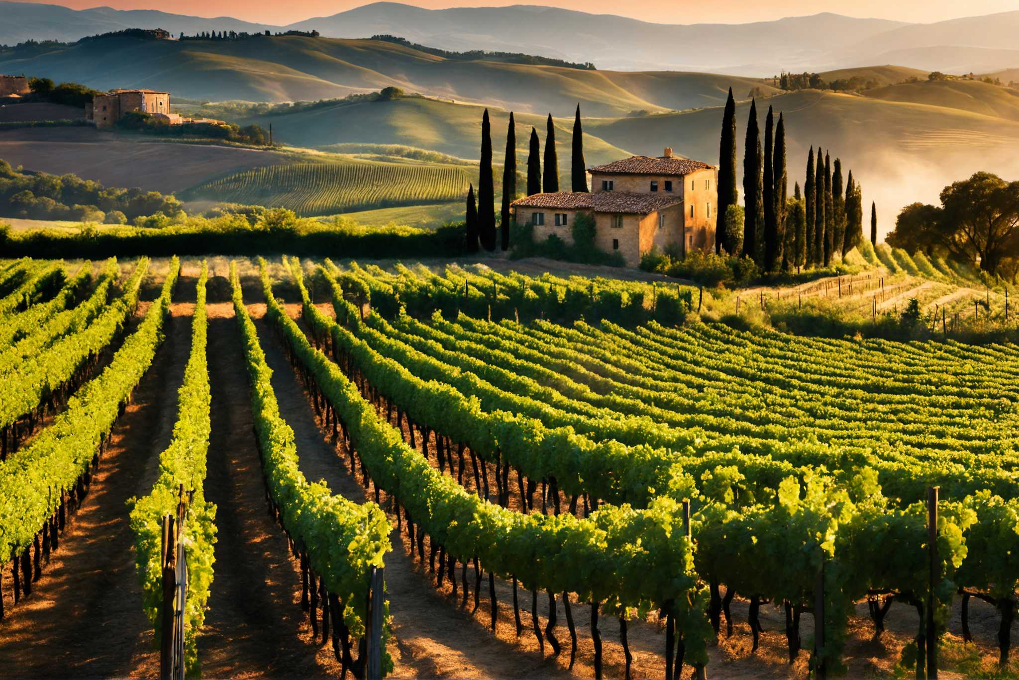 Vineyard haven at dusk: Lush vineyard art with vineyard photography, in a room with artistic style, wall art, and stylish accessories. The art can be printed on poster, framed poster, canvas, metal, acrylic or wood, exclusively at WallArtZen. Find this exact print at https://wallartzen.com/waz300