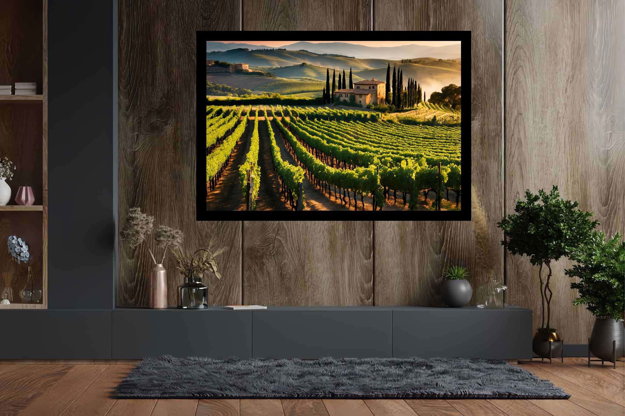 Vineyard haven at dusk: Lush vineyard art with grape art, in a room with modern style, wall hangings, and decorative pieces. The art can be printed on poster, framed poster, canvas, metal, acrylic or wood, exclusively at WallArtZen. Find this exact print at https://wallartzen.com/waz300
