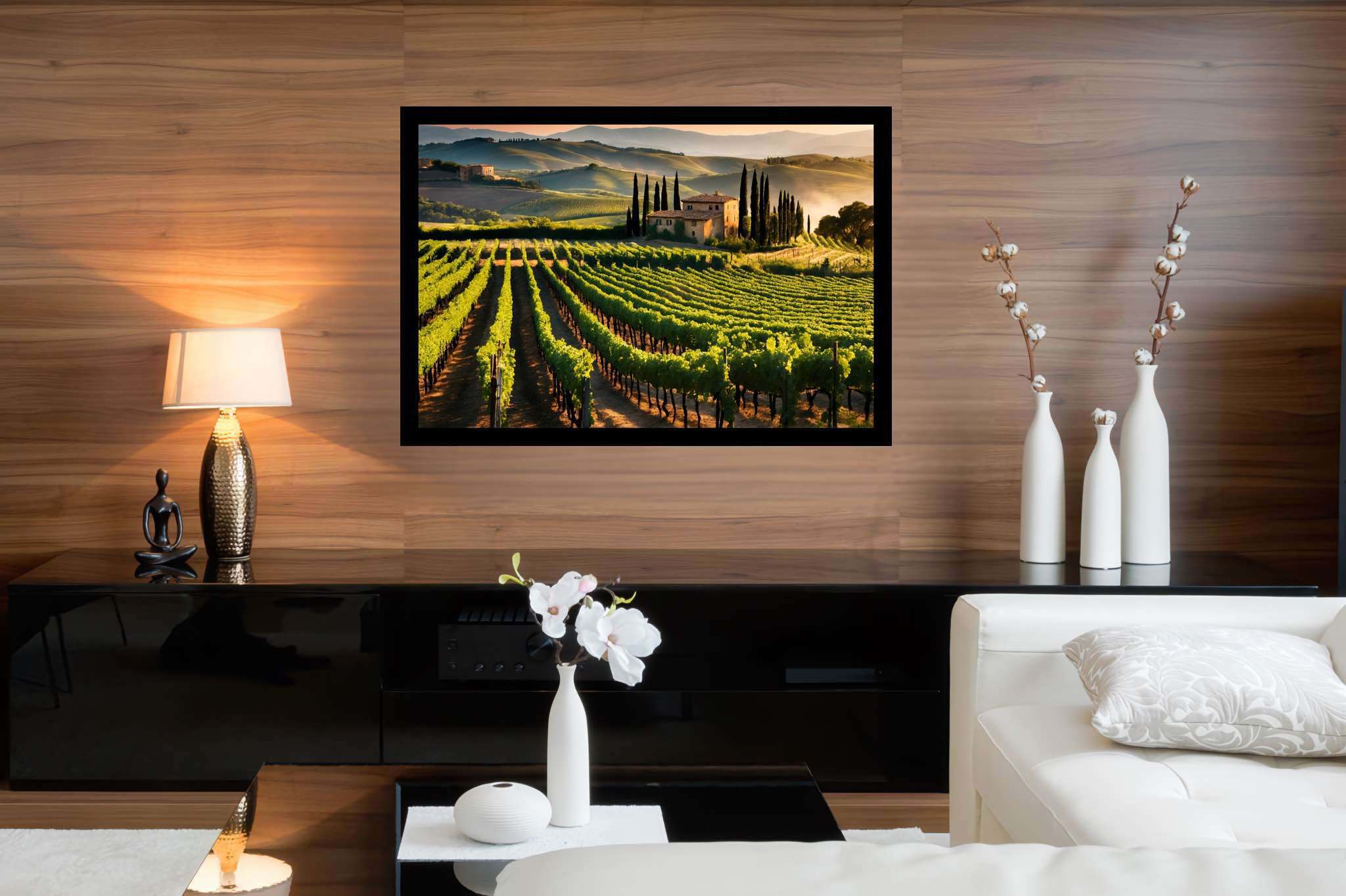 Vineyard haven at dusk: Lush vineyard art with vineyard photography, in a room with chic decor, abstract paintings, and interior decorations. The art can be printed on poster, framed poster, canvas, metal, acrylic or wood, exclusively at WallArtZen. Find this exact print at https://wallartzen.com/waz300