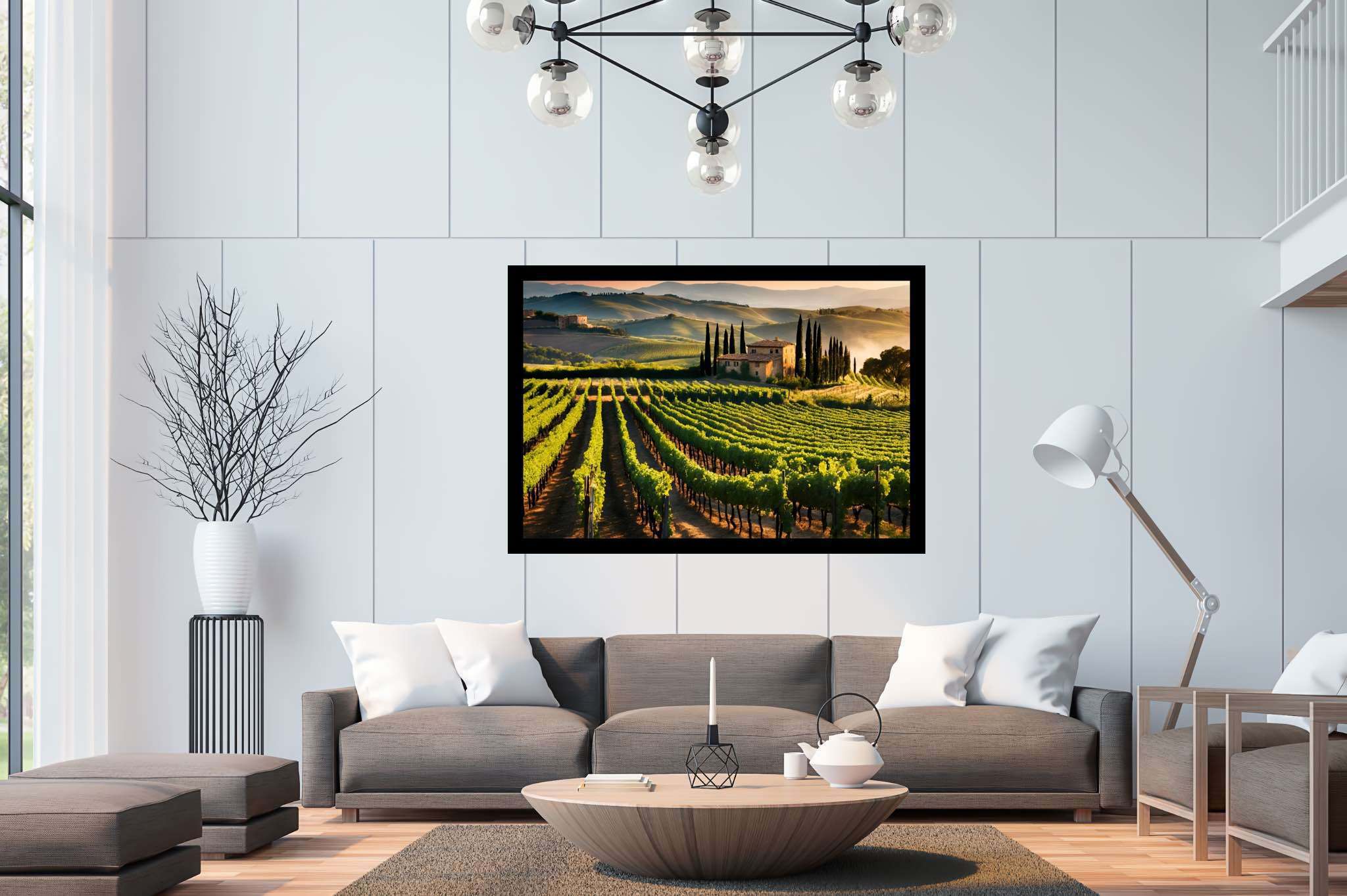 Vineyard haven at dusk: Lush vineyard art with wine country scenery, in a room with classic elegance, fine art prints, and interior decorations. The art can be printed on poster, framed poster, canvas, metal, acrylic or wood, exclusively at WallArtZen. Find this exact print at https://wallartzen.com/waz300