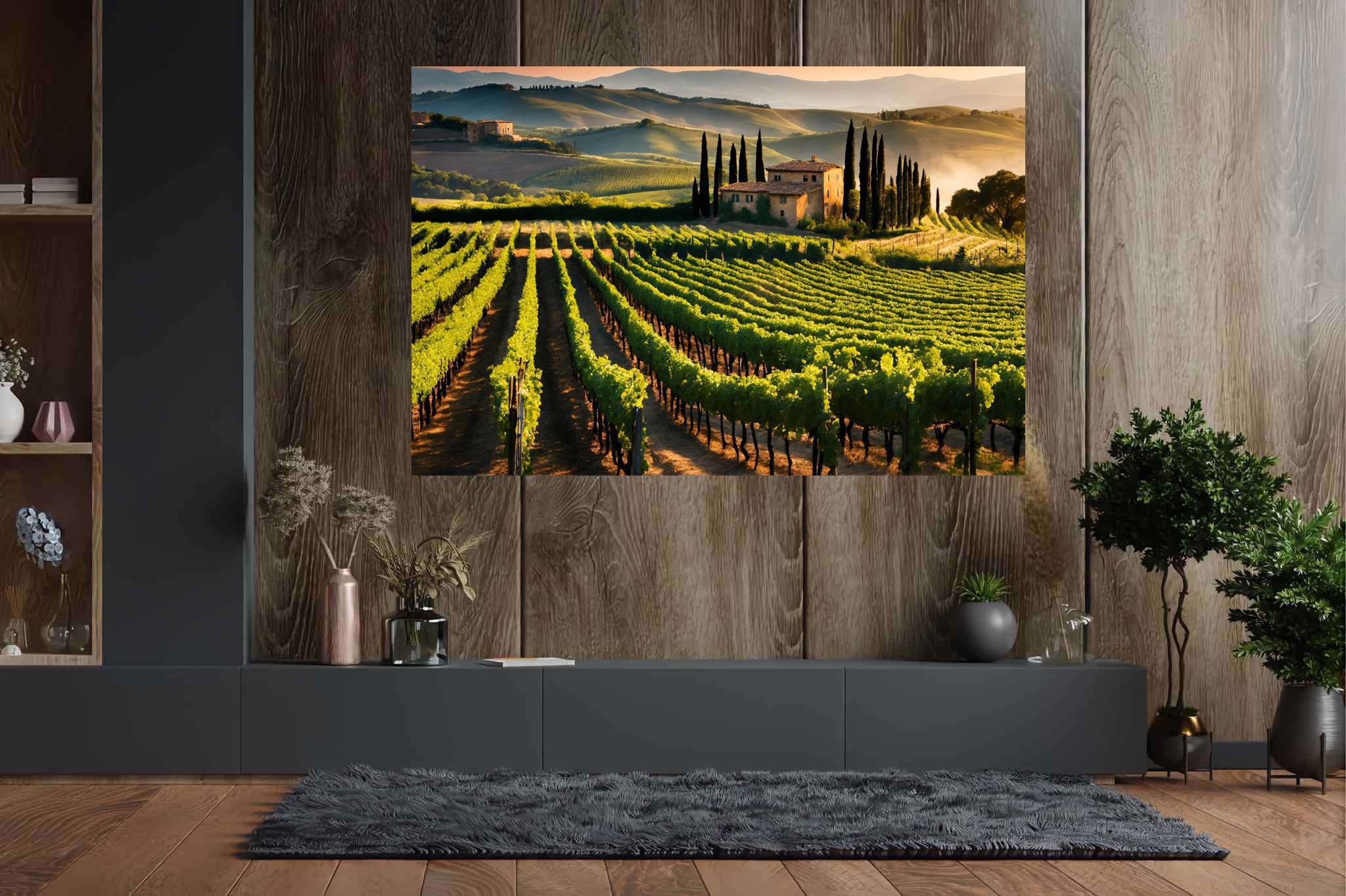 Vineyard haven at dusk: Lush vineyard art with vineyard photography, in a room with classic elegance, fine art prints, and home styling items. The art can be printed on poster, framed poster, canvas, metal, acrylic or wood, exclusively at WallArtZen. Find this exact print at https://wallartzen.com/waz300