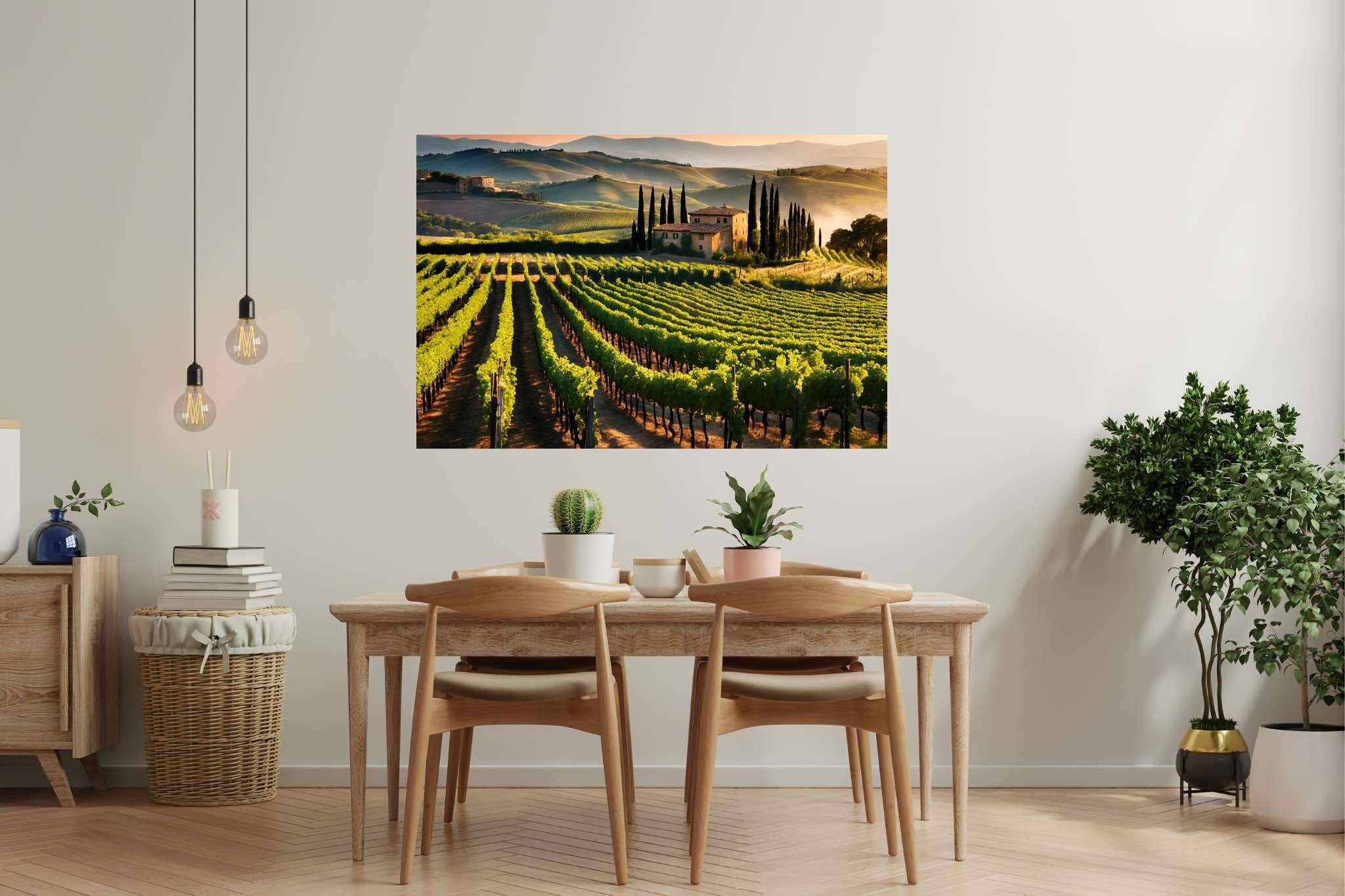 Vineyard haven at dusk: Lush vineyard art with grapevine paintings, in a room with modern style, gallery-quality artwork, and decorative pieces. The art can be printed on poster, framed poster, canvas, metal, acrylic or wood, exclusively at WallArtZen. Find this exact print at https://wallartzen.com/waz300