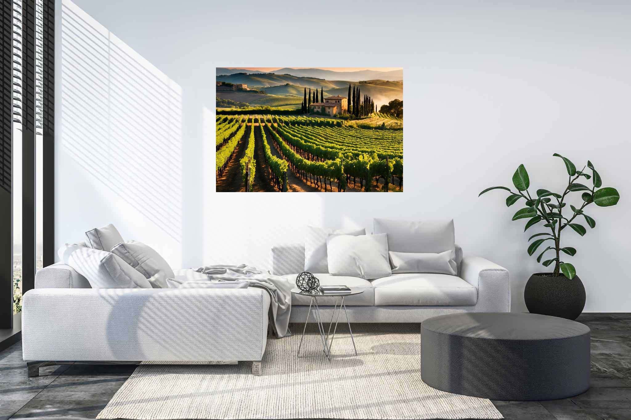 Vineyard haven at dusk: Lush vineyard art with vineyard canvas prints, in a room with chic decor, mural artworks, and elegant home goods. The art can be printed on poster, framed poster, canvas, metal, acrylic or wood, exclusively at WallArtZen. Find this exact print at https://wallartzen.com/waz300