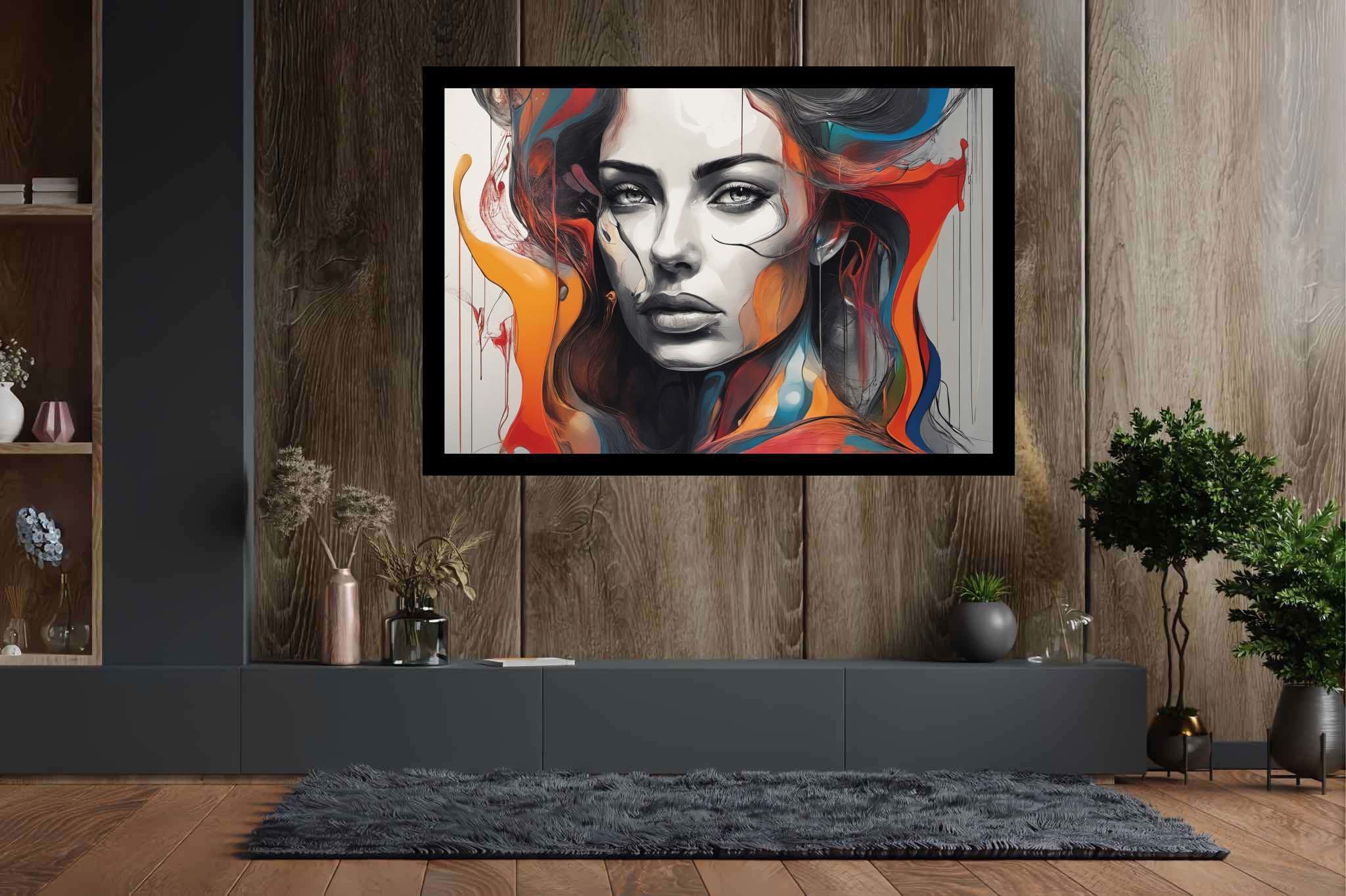 Enigma in crimson cascade: Surreal art with evocative illusions, in a room with great design, framed art, and designer furniture. The art can be printed on poster, framed poster, canvas, metal, acrylic or wood, exclusively at WallArtZen. Find this exact print at https://wallartzen.com/waz301
