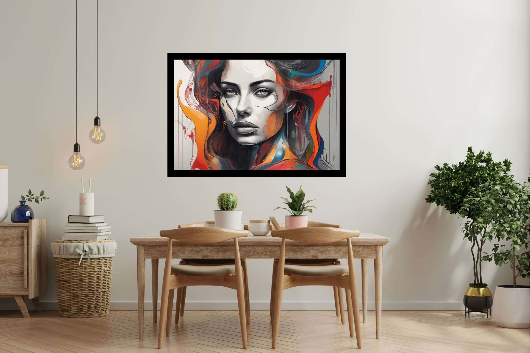 Enigma in crimson cascade: Surreal art with ethereal compositions, in a room with modern style, mural artworks, and decorative pieces. The art can be printed on poster, framed poster, canvas, metal, acrylic or wood, exclusively at WallArtZen. Find this exact print at https://wallartzen.com/waz301