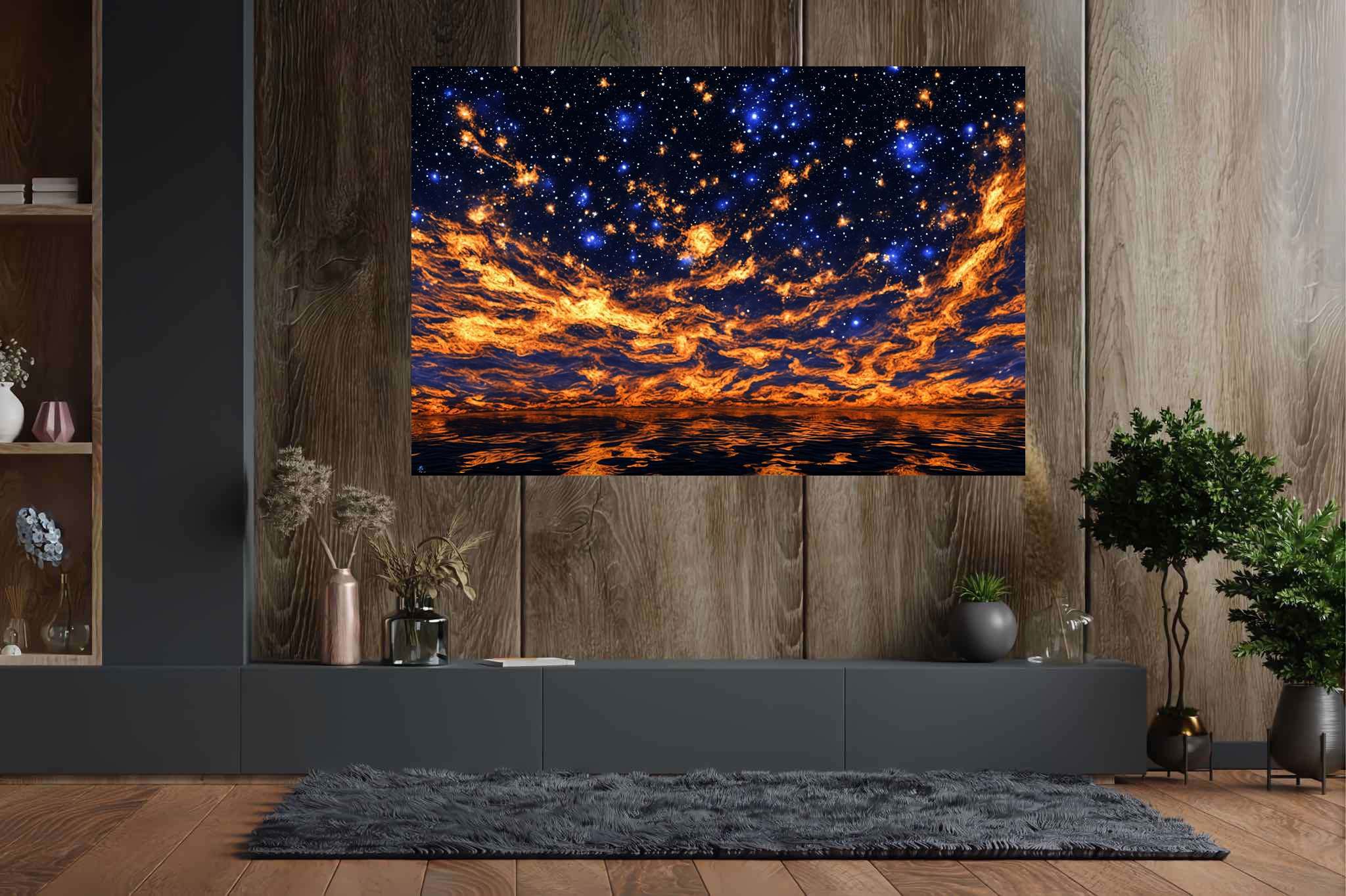 Crimson cosmo tapestry: Night sky art with astronomy, in a room with modern style, digital art pieces, and artisan decor. The art can be printed on poster, framed poster, canvas, metal, acrylic or wood, exclusively at WallArtZen. Find this exact print at https://wallartzen.com/waz302