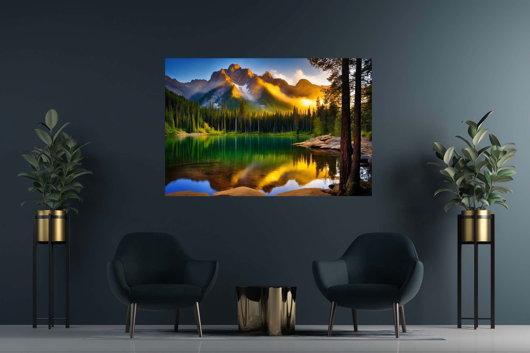 Echoes of serenity: Serene art with peaceful sculptures, in a room with modern style, gallery-quality artwork, and trendy home accents. The art can be printed on poster, framed poster, canvas, metal, acrylic or wood, exclusively at WallArtZen. Find this exact print at https://wallartzen.com/waz303