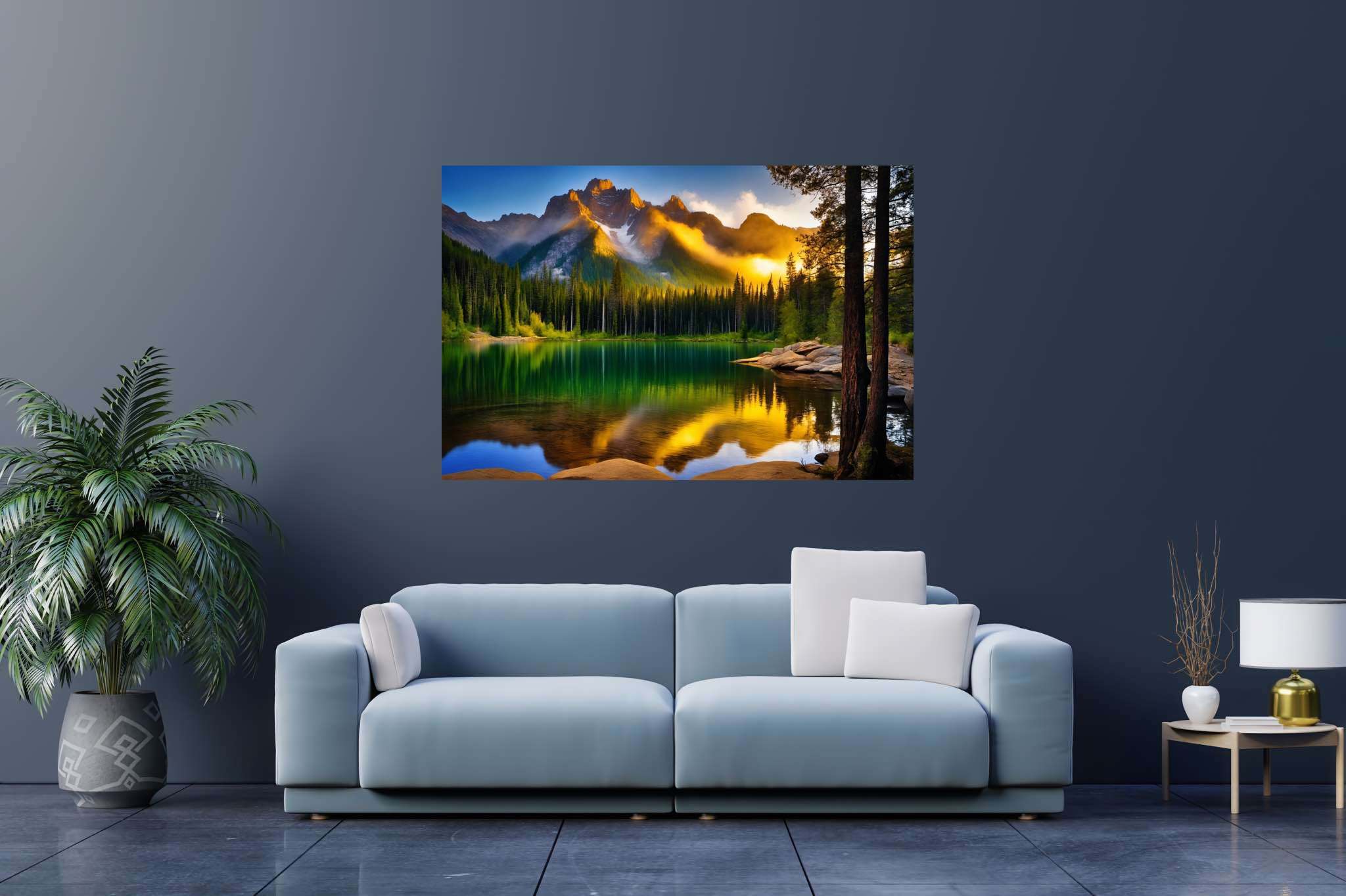Echoes of serenity: Serene art with tranquil artwork, in a room with modern style, digital art pieces, and elegant home goods. The art can be printed on poster, framed poster, canvas, metal, acrylic or wood, exclusively at WallArtZen. Find this exact print at https://wallartzen.com/waz303