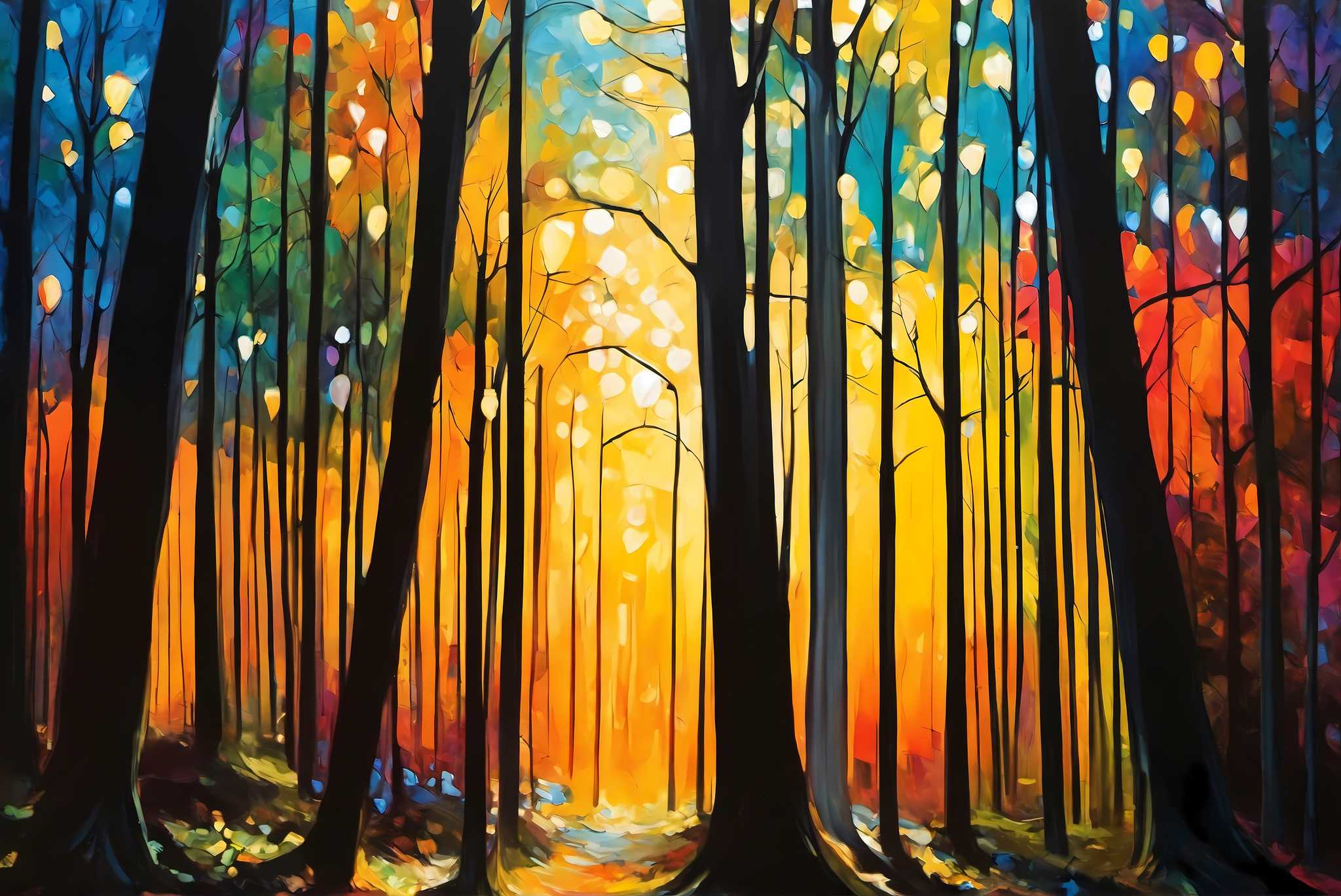 Sunrise serenade in emerald thicket: Forest art with forest landscape, in a room with innovative layout, mural artworks, and decorative pieces. The art can be printed on poster, framed poster, canvas, metal, acrylic or wood, exclusively at WallArtZen. Find this exact print at https://wallartzen.com/waz304