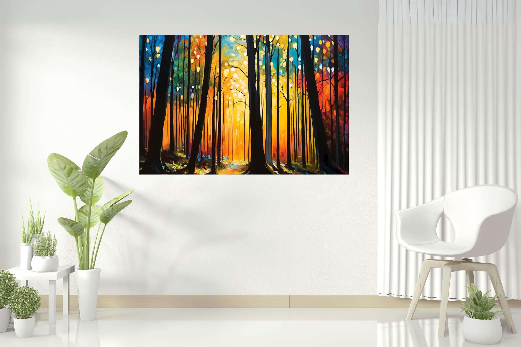 Sunrise serenade in emerald thicket: Forest art with forest landscape, in a room with elegant layout, digital art pieces, and stylish accessories. The art can be printed on poster, framed poster, canvas, metal, acrylic or wood, exclusively at WallArtZen. Find this exact print at https://wallartzen.com/waz304