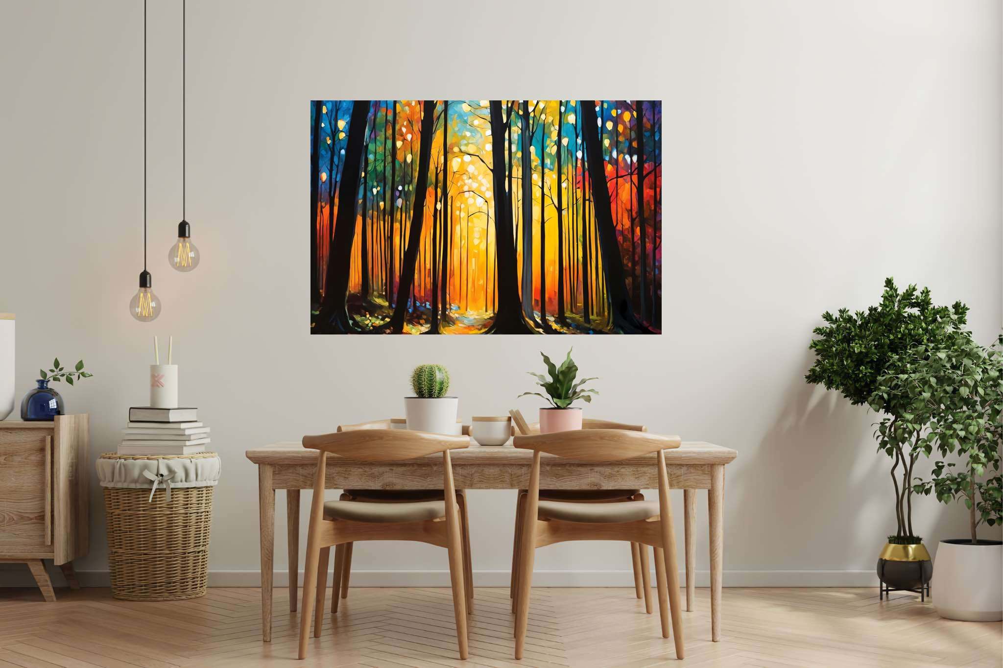 Sunrise serenade in emerald thicket: Forest art with woodland scenery, in a room with contemporary flair, digital art pieces, and elegant home goods. The art can be printed on poster, framed poster, canvas, metal, acrylic or wood, exclusively at WallArtZen. Find this exact print at https://wallartzen.com/waz304
