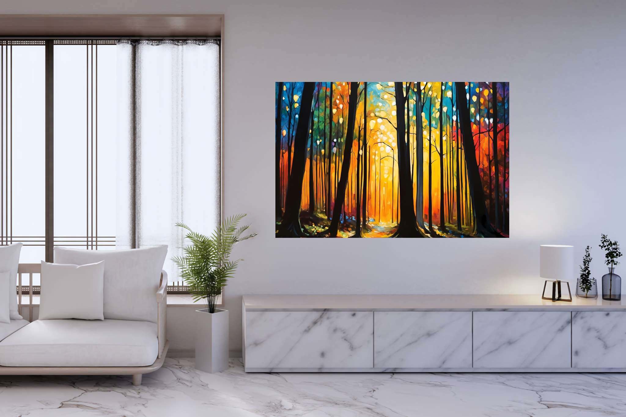 Sunrise serenade in emerald thicket: Forest art with forest scenery, in a room with great design, fine art prints, and elegant home goods. The art can be printed on poster, framed poster, canvas, metal, acrylic or wood, exclusively at WallArtZen. Find this exact print at https://wallartzen.com/waz304