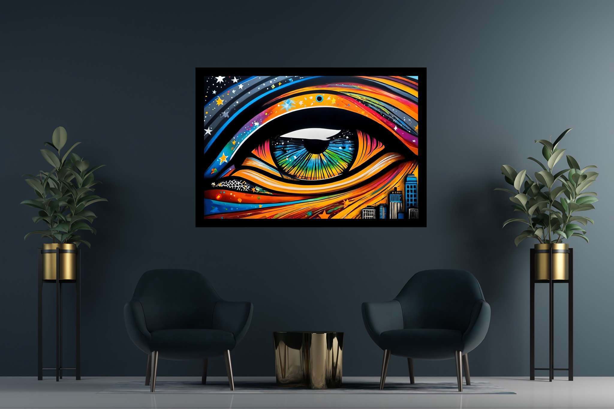 City's gaze unveiled: Vibrant eye art with colorful eyes, in a room with elegant layout, gallery-quality artwork, and stylish accessories. The art can be printed on poster, framed poster, canvas, metal, acrylic or wood, exclusively at WallArtZen. Find this exact print at https://wallartzen.com/waz305