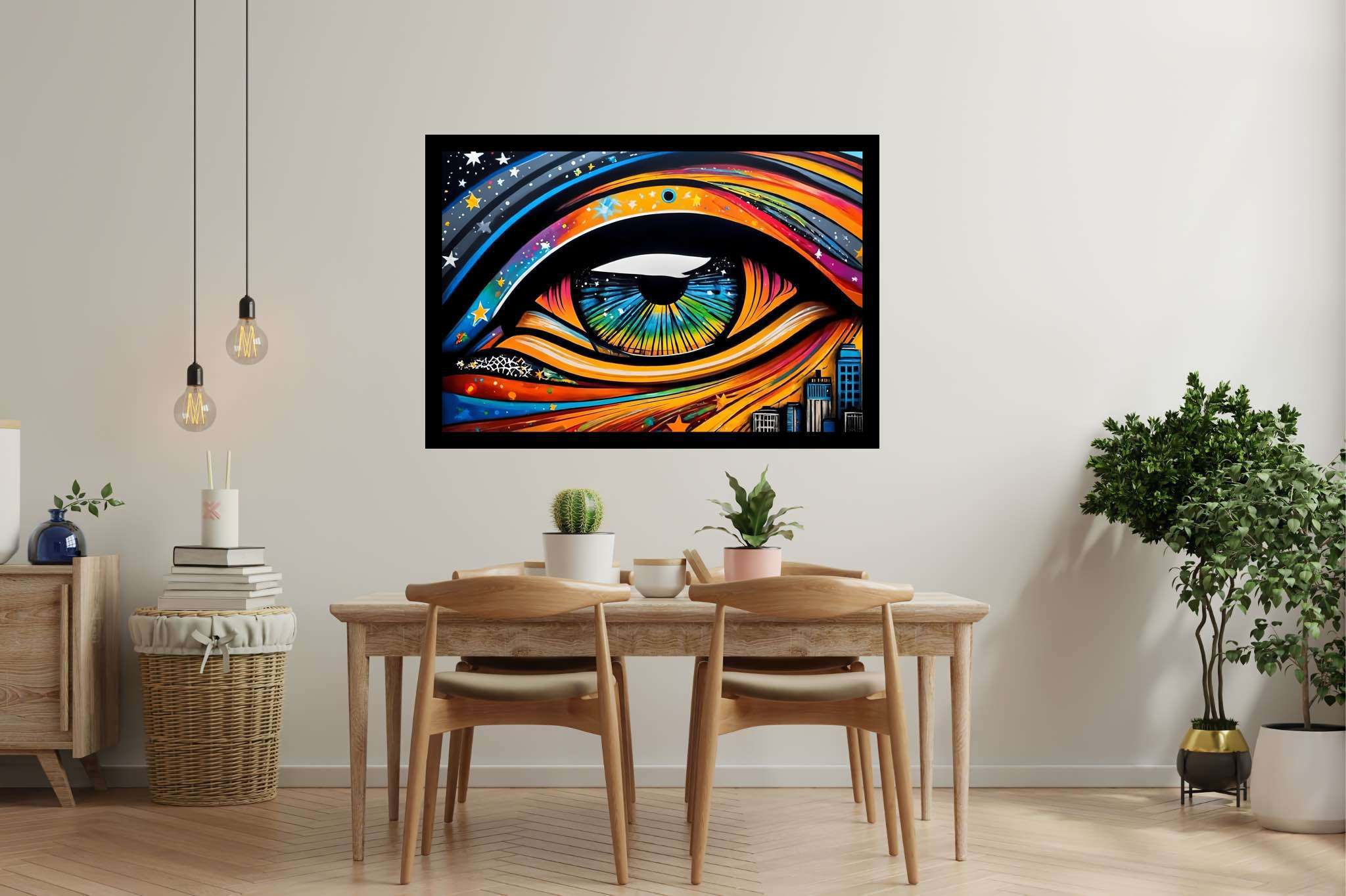 City's gaze unveiled: Vibrant eye art with dynamic eye art, in a room with minimalist approach, wall hangings, and decorative pieces. The art can be printed on poster, framed poster, canvas, metal, acrylic or wood, exclusively at WallArtZen. Find this exact print at https://wallartzen.com/waz305