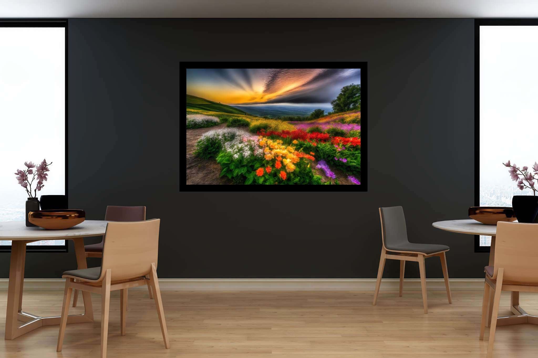 Bloom horizons unveiled: Floral art with garden-inspired art, in a room with innovative layout, digital art pieces, and artisan decor. The art can be printed on poster, framed poster, canvas, metal, acrylic or wood, exclusively at WallArtZen. Find this exact print at https://wallartzen.com/waz307