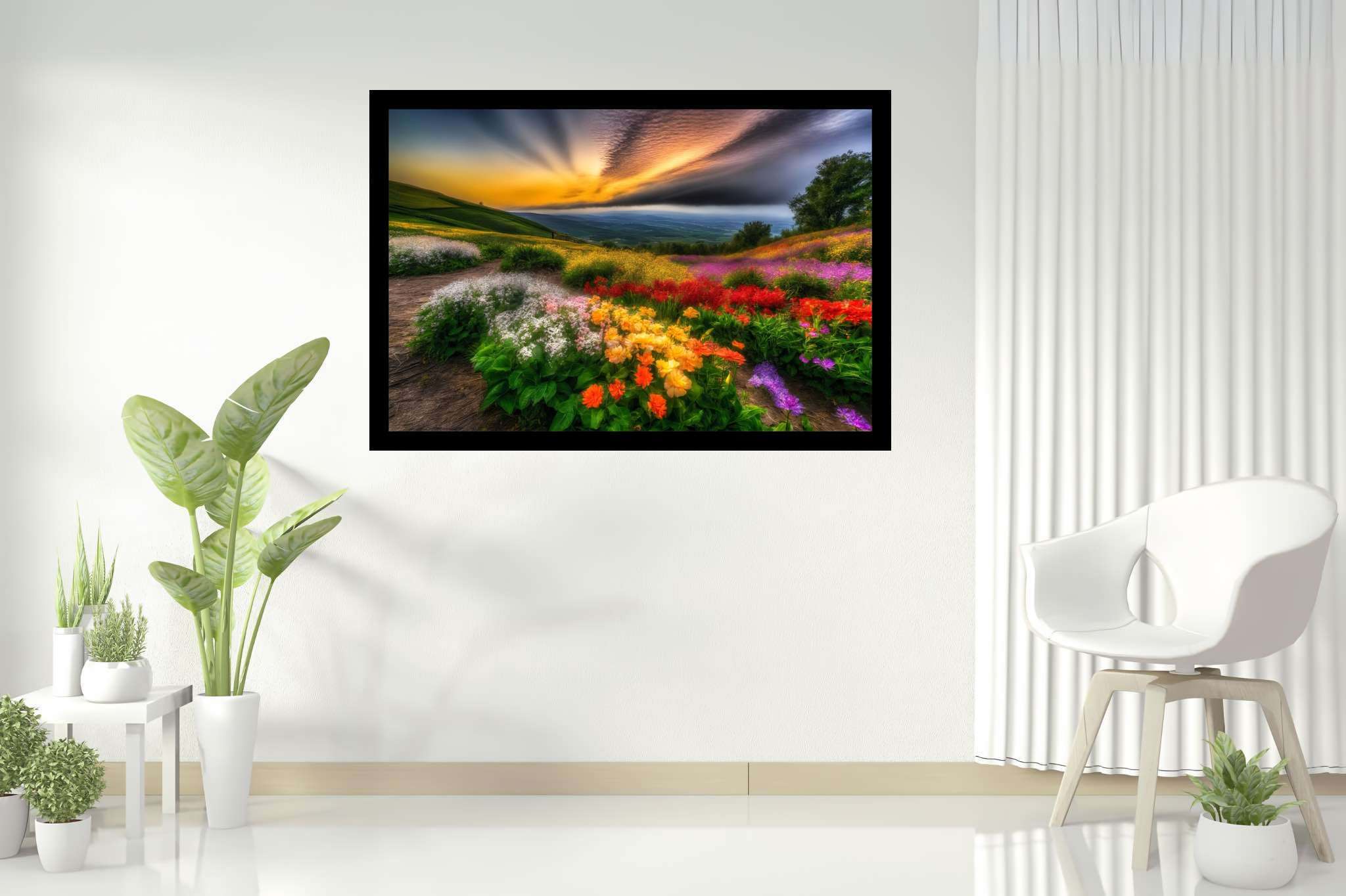 Bloom horizons unveiled: Floral art with botanical aesthetics, in a room with classic elegance, framed art, and interior decorations. The art can be printed on poster, framed poster, canvas, metal, acrylic or wood, exclusively at WallArtZen. Find this exact print at https://wallartzen.com/waz307