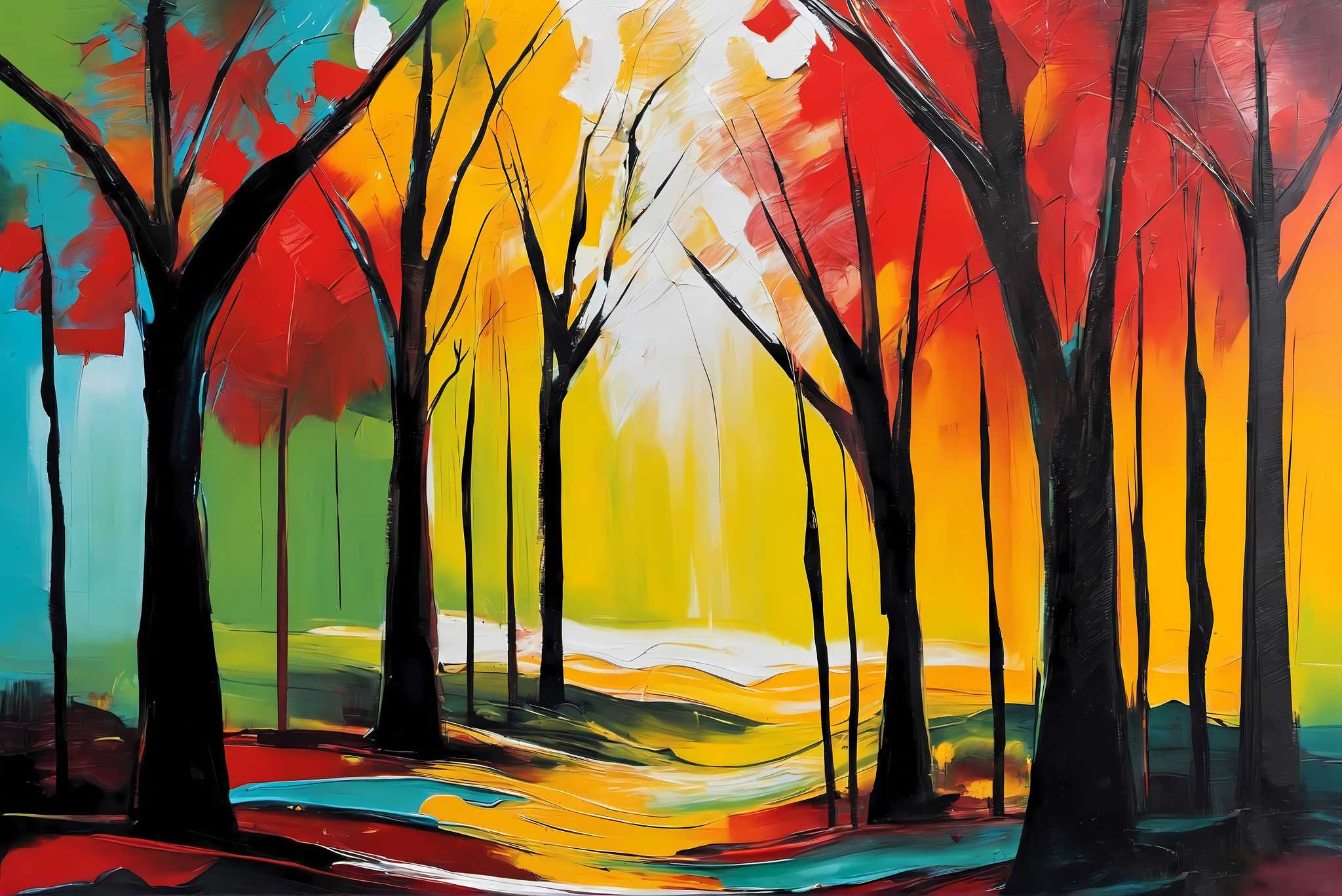 Aurora's embrace: Forest art with nature artwork, in a room with urban design, fine art prints, and trendy home accents. The art can be printed on poster, framed poster, canvas, metal, acrylic or wood, exclusively at WallArtZen. Find this exact print at https://wallartzen.com/waz308