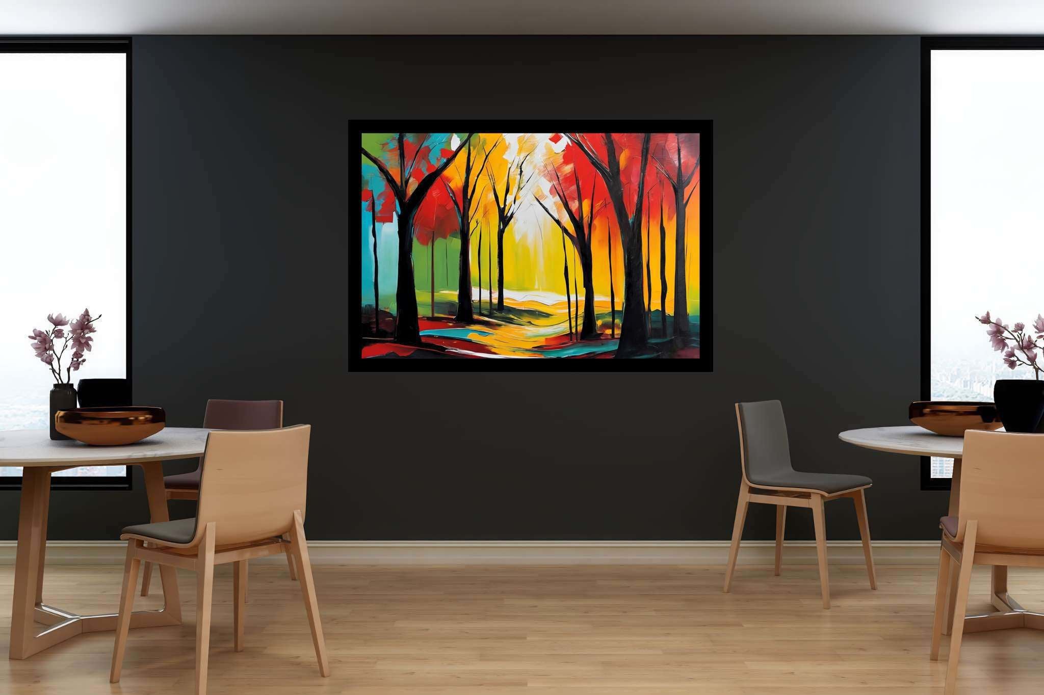 Aurora's embrace: Forest art with forest art, in a room with chic decor, wall hangings, and home furnishings. The art can be printed on poster, framed poster, canvas, metal, acrylic or wood, exclusively at WallArtZen. Find this exact print at https://wallartzen.com/waz308