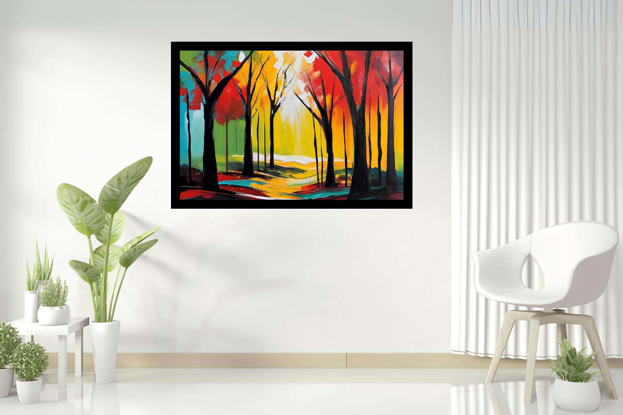 Aurora's embrace: Forest art with nature-inspired art, in a room with classic elegance, canvas prints, and artisan decor. The art can be printed on poster, framed poster, canvas, metal, acrylic or wood, exclusively at WallArtZen. Find this exact print at https://wallartzen.com/waz308