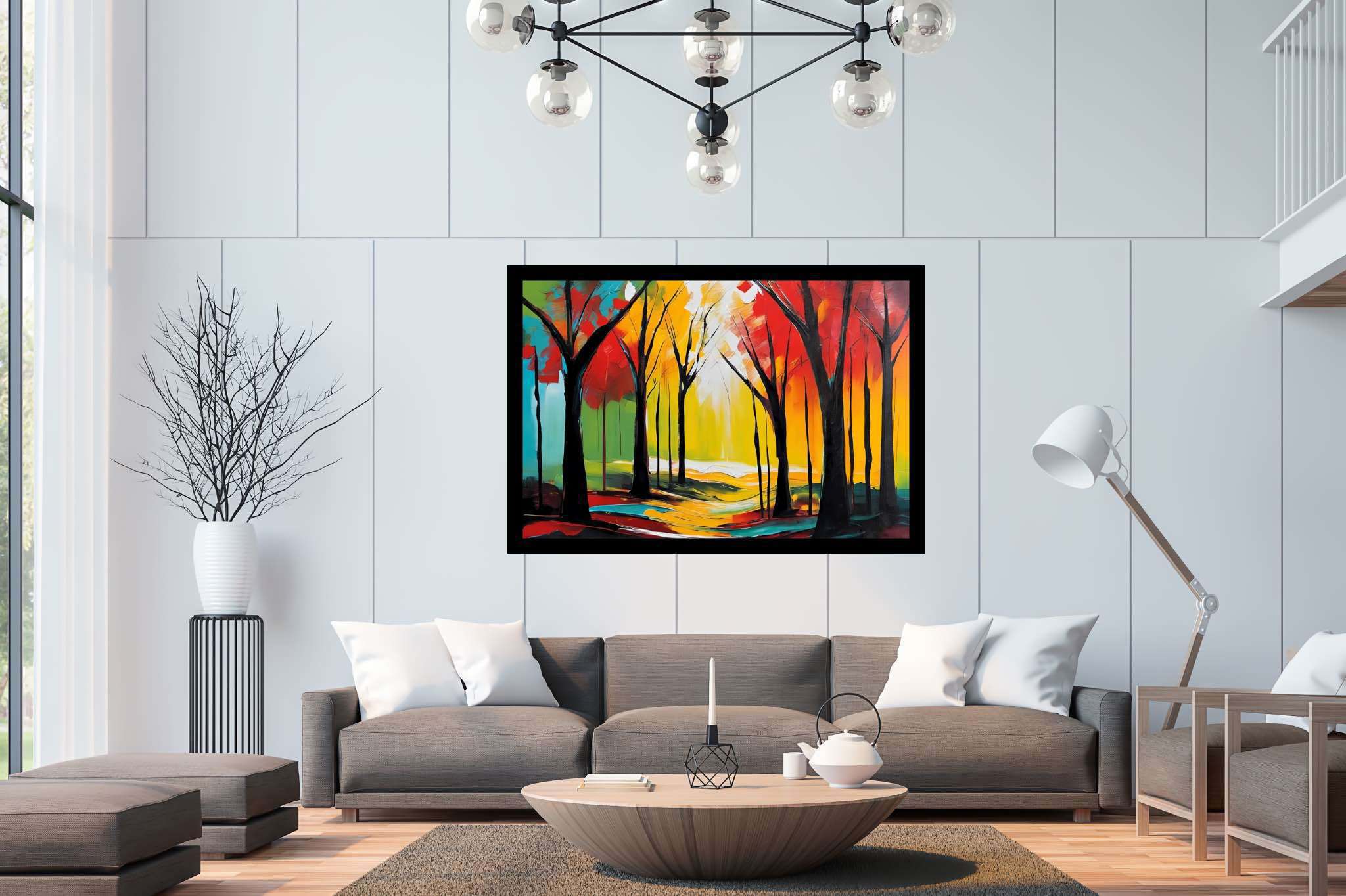 Aurora's embrace: Forest art with forest photography, in a room with chic decor, bespoke art designs, and trendy home accents. The art can be printed on poster, framed poster, canvas, metal, acrylic or wood, exclusively at WallArtZen. Find this exact print at https://wallartzen.com/waz308