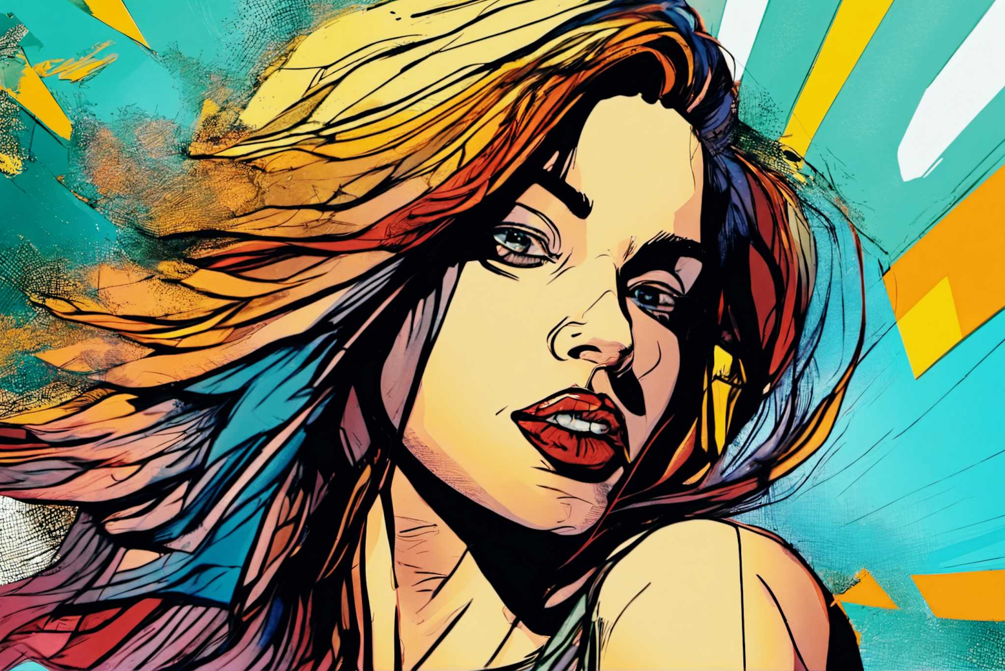 Crimson gaze amid chroma storm: Bold makeup art with dramatic cosmetic creations, in a room with minimalist approach, abstract paintings, and stylish accessories. The art can be printed on poster, framed poster, canvas, metal, acrylic or wood, exclusively at WallArtZen. Find this exact print at https://wallartzen.com/waz30