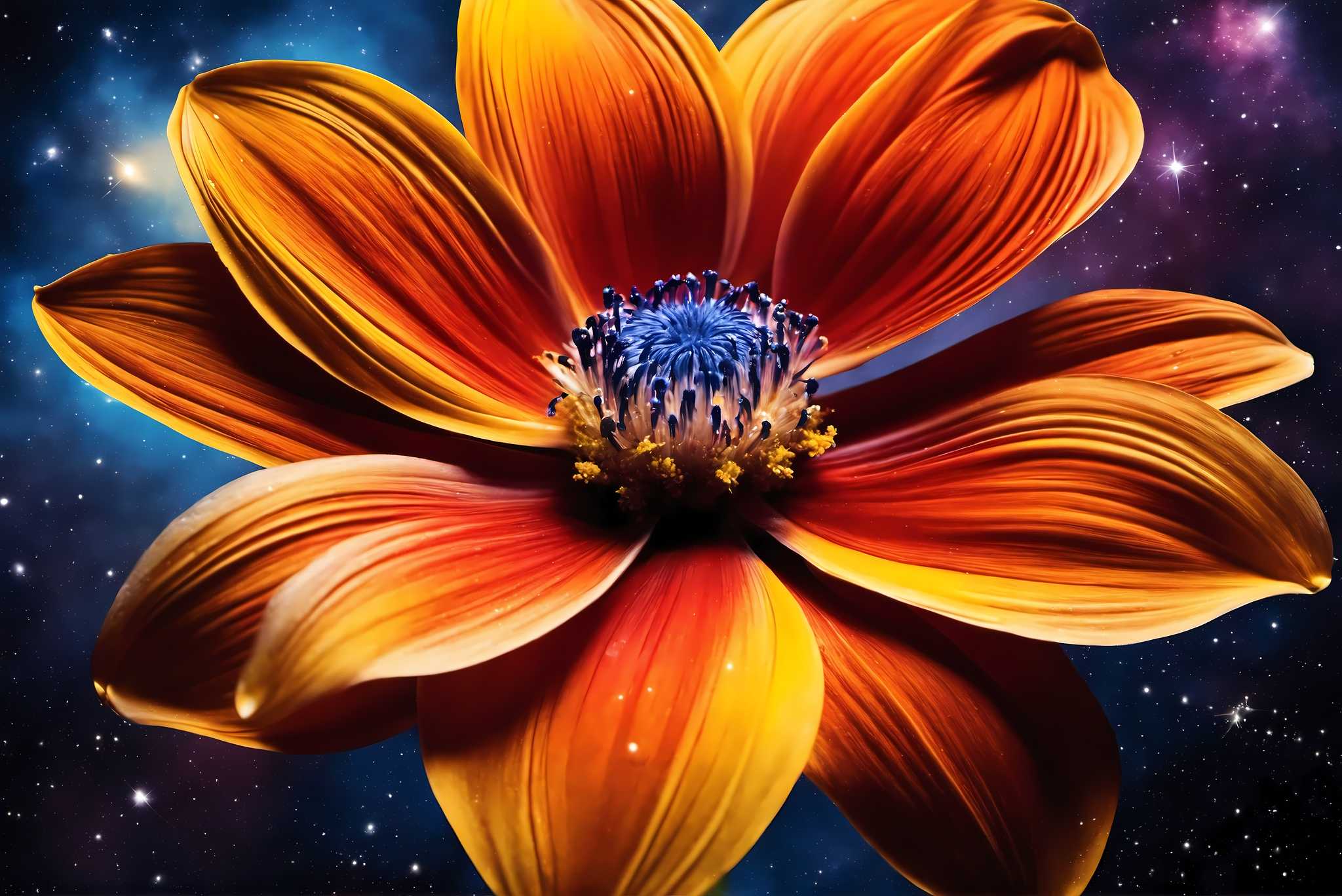 Stardust blossom blaze: Vibrant flower art with nature-inspired artwork, in a room with great design, framed art, and decorative pieces. The art can be printed on poster, framed poster, canvas, metal, acrylic or wood, exclusively at WallArtZen. Find this exact print at https://wallartzen.com/waz310