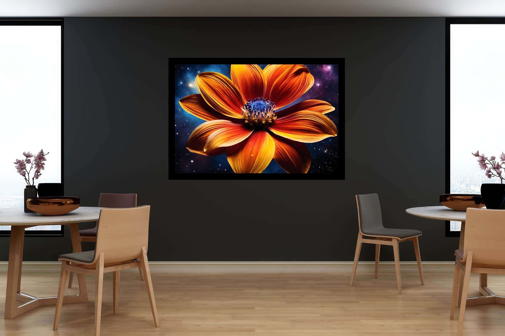 Stardust blossom blaze: Vibrant flower art with floral masterpiece, in a room with elegant layout, canvas prints, and stylish accessories. The art can be printed on poster, framed poster, canvas, metal, acrylic or wood, exclusively at WallArtZen. Find this exact print at https://wallartzen.com/waz310