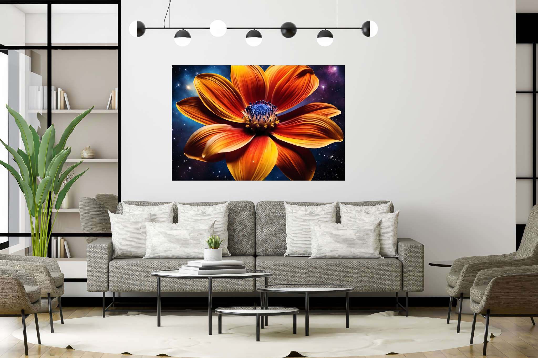 Stardust blossom blaze: Vibrant flower art with vibrant flower portraits, in a room with elegant layout, fine art prints, and stylish accessories. The art can be printed on poster, framed poster, canvas, metal, acrylic or wood, exclusively at WallArtZen. Find this exact print at https://wallartzen.com/waz310