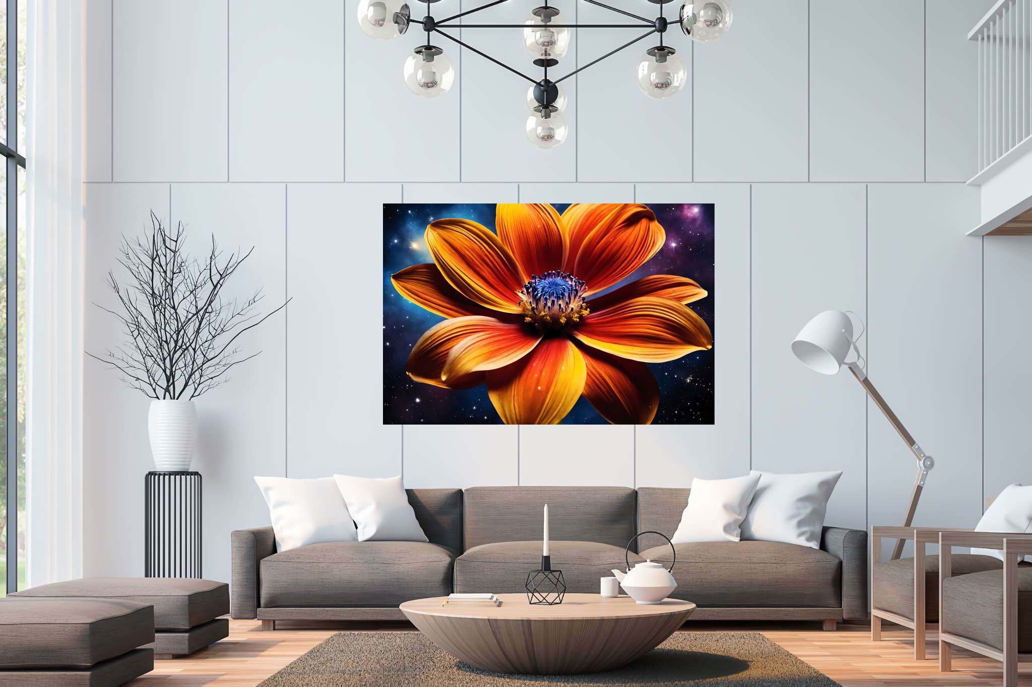 Stardust blossom blaze: Vibrant flower art with vibrant floral designs, in a room with minimalist approach, canvas prints, and trendy home accents. The art can be printed on poster, framed poster, canvas, metal, acrylic or wood, exclusively at WallArtZen. Find this exact print at https://wallartzen.com/waz310