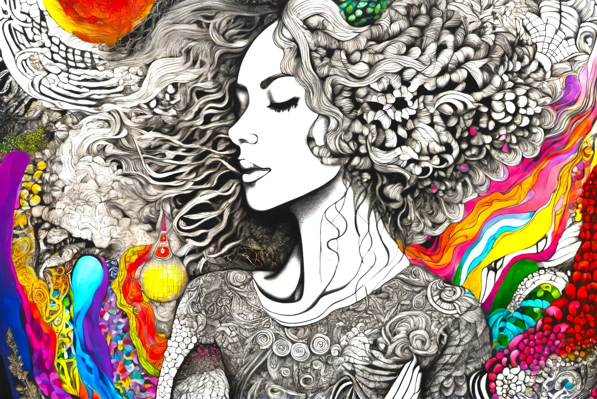 Tresses of reverie: Curly-haired woman art with curls, in a room with modern style, abstract paintings, and designer furniture. The art can be printed on poster, framed poster, canvas, metal, acrylic or wood, exclusively at WallArtZen. Find this exact print at https://wallartzen.com/waz311