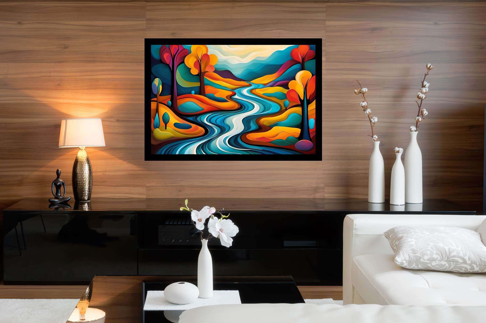 Serenity’s embrace: Scenery art with captivating views, in a room with minimalist approach, gallery-quality artwork, and elegant home goods. The art can be printed on poster, framed poster, canvas, metal, acrylic or wood, exclusively at WallArtZen. Find this exact print at https://wallartzen.com/waz312