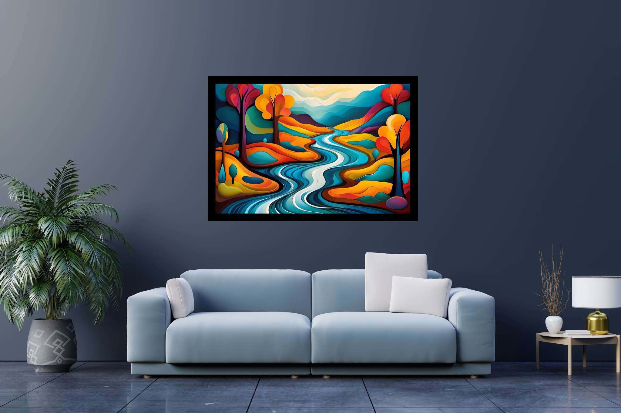 Serenity’s embrace: Scenery art with natural beauty, in a room with chic decor, photographic wall art, and designer furniture. The art can be printed on poster, framed poster, canvas, metal, acrylic or wood, exclusively at WallArtZen. Find this exact print at https://wallartzen.com/waz312