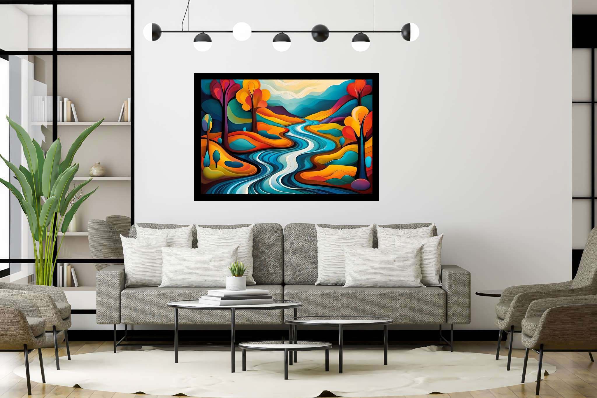 Serenity’s embrace: Scenery art with serene nature, in a room with innovative layout, bespoke art designs, and home furnishings. The art can be printed on poster, framed poster, canvas, metal, acrylic or wood, exclusively at WallArtZen. Find this exact print at https://wallartzen.com/waz312