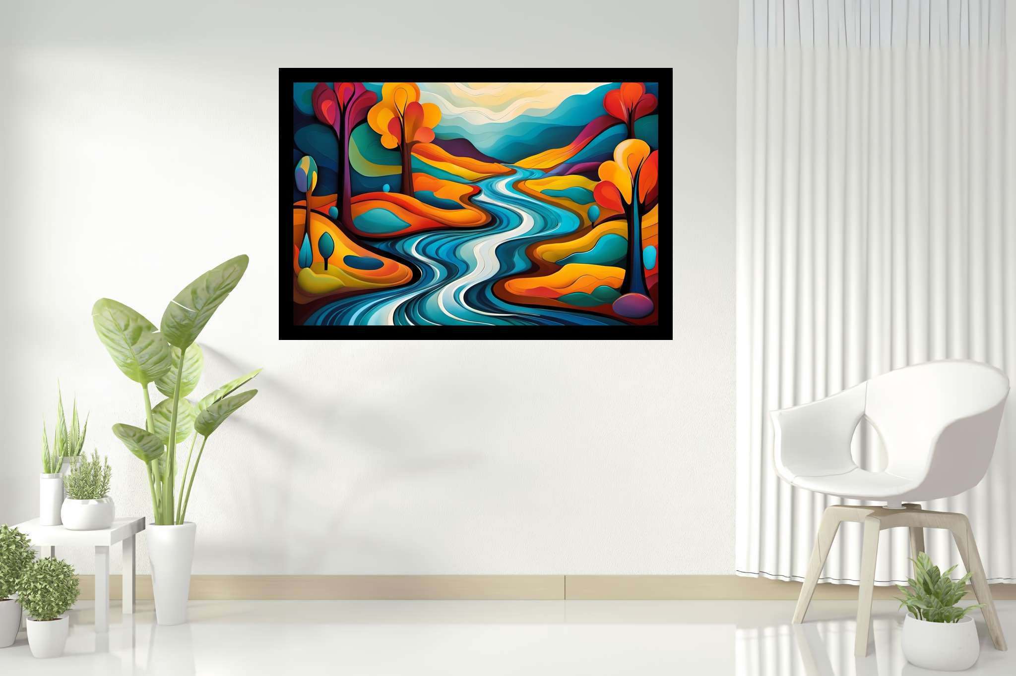 Serenity’s embrace: Scenery art with nature artwork, in a room with minimalist approach, gallery-quality artwork, and stylish accessories. The art can be printed on poster, framed poster, canvas, metal, acrylic or wood, exclusively at WallArtZen. Find this exact print at https://wallartzen.com/waz312