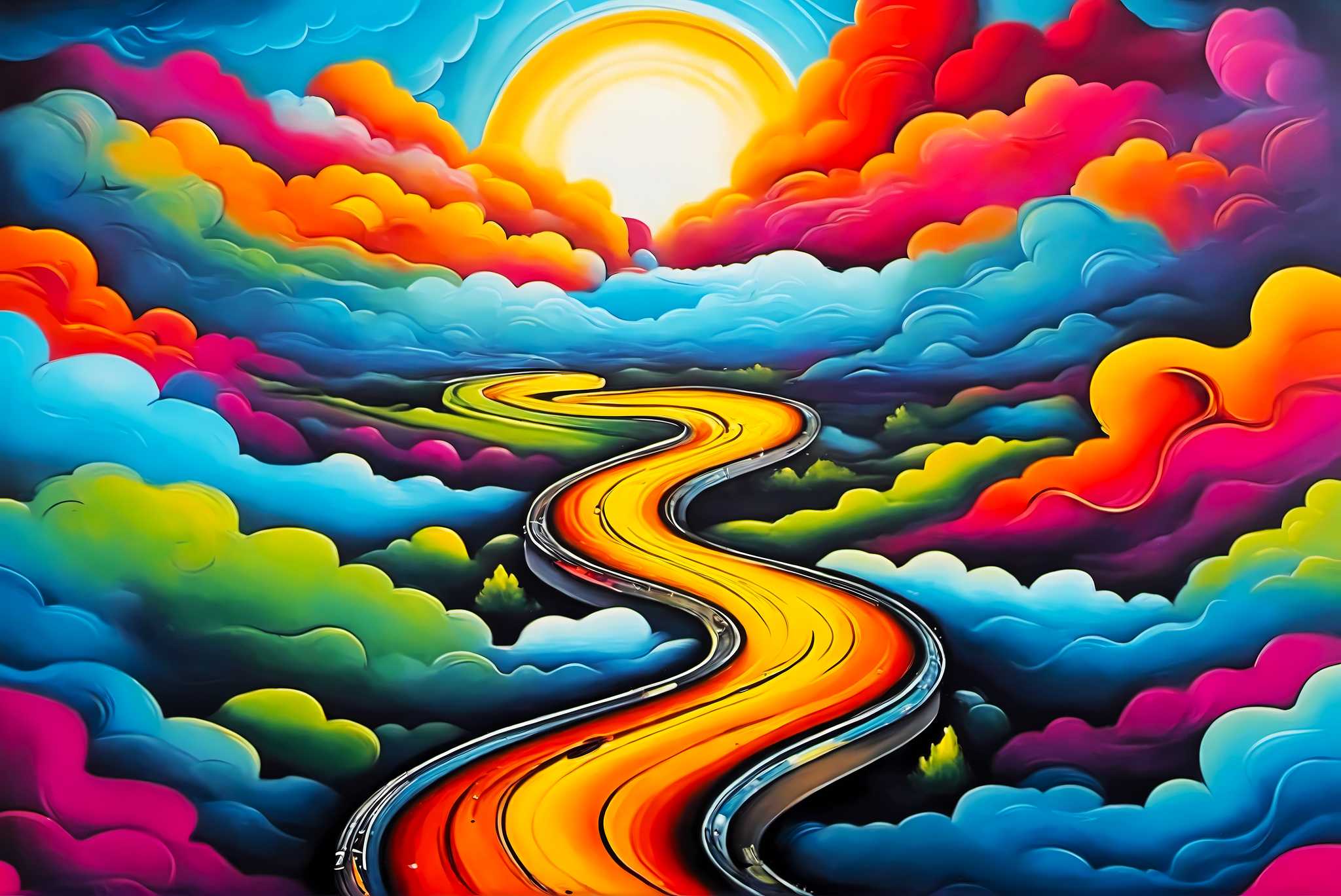 Dreamscape serenade: Whimsical landscape art with fantasy art, in a room with chic decor, abstract paintings, and artisan decor. The art can be printed on poster, framed poster, canvas, metal, acrylic or wood, exclusively at WallArtZen. Find this exact print at https://wallartzen.com/waz313