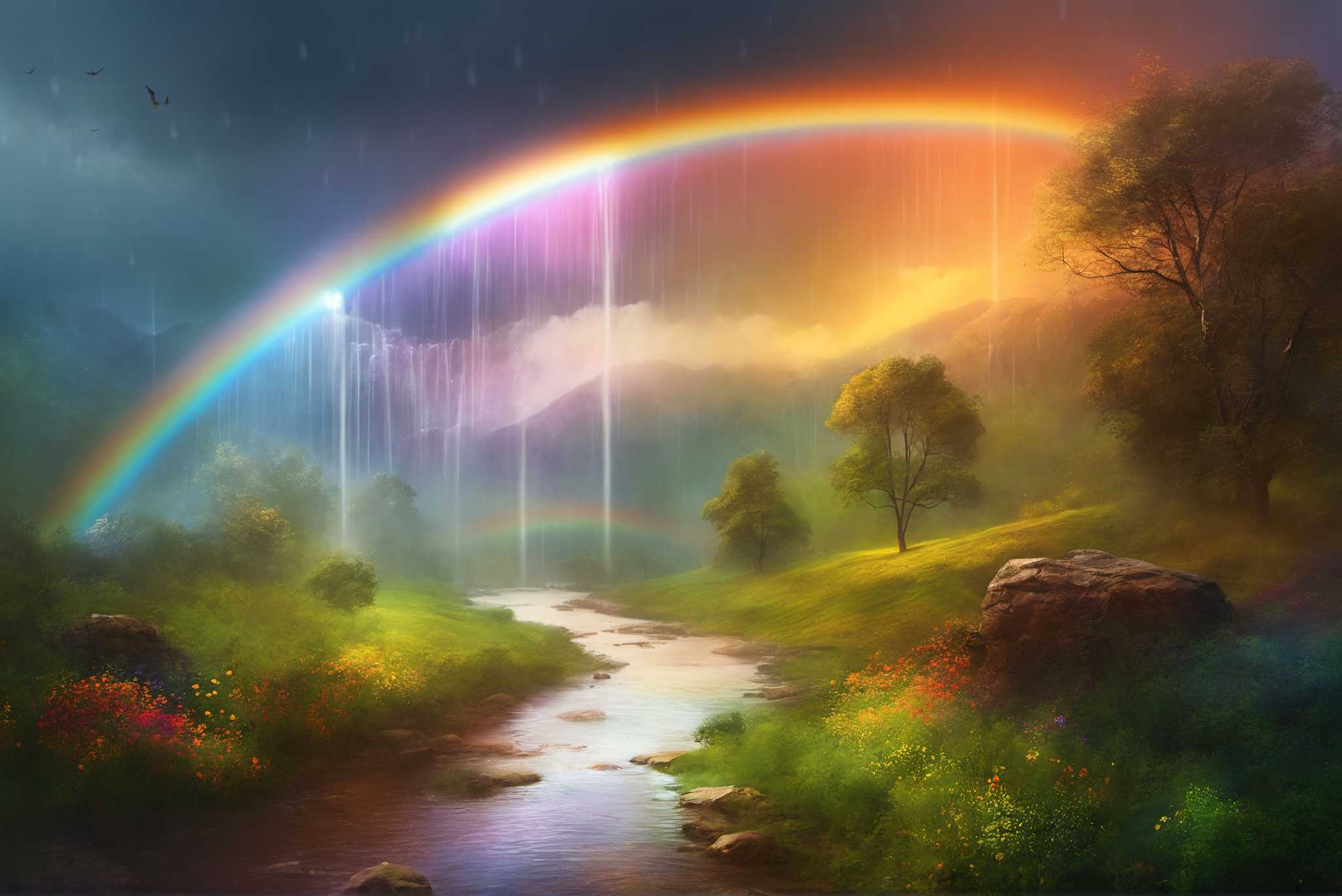 Rainbow mist ballet: Serene waterfall art with peaceful water landscape, in a room with contemporary flair, digital art pieces, and home furnishings. The art can be printed on poster, framed poster, canvas, metal, acrylic or wood, exclusively at WallArtZen. Find this exact print at https://wallartzen.com/waz314