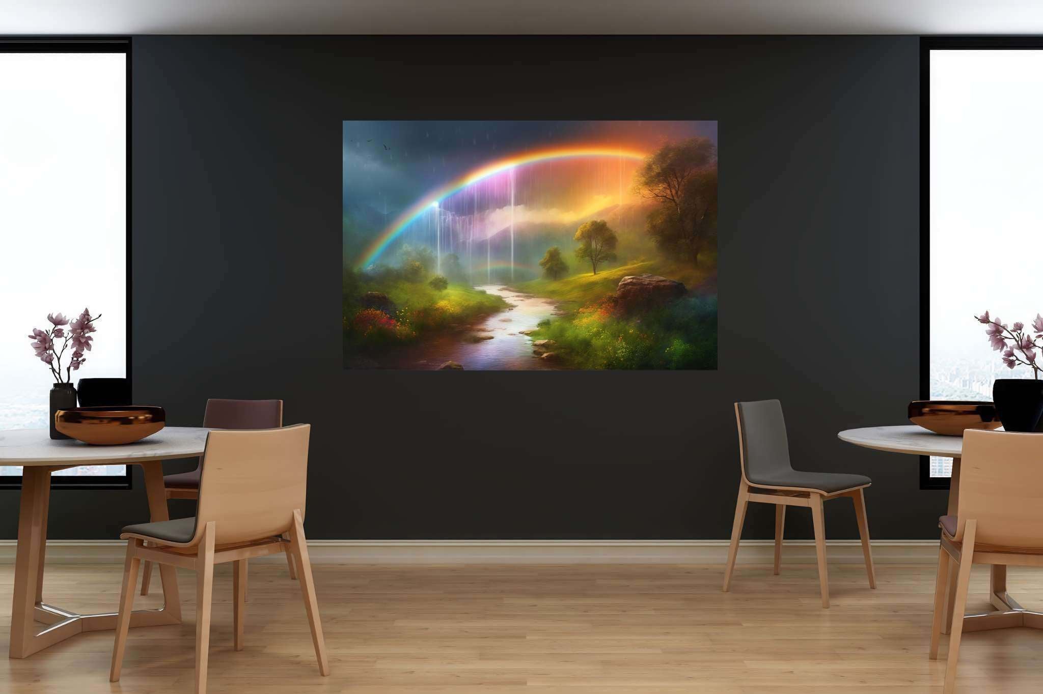 Rainbow mist ballet: Serene waterfall art with serene outdoor landscape, in a room with minimalist approach, wall art, and stylish accessories. The art can be printed on poster, framed poster, canvas, metal, acrylic or wood, exclusively at WallArtZen. Find this exact print at https://wallartzen.com/waz314