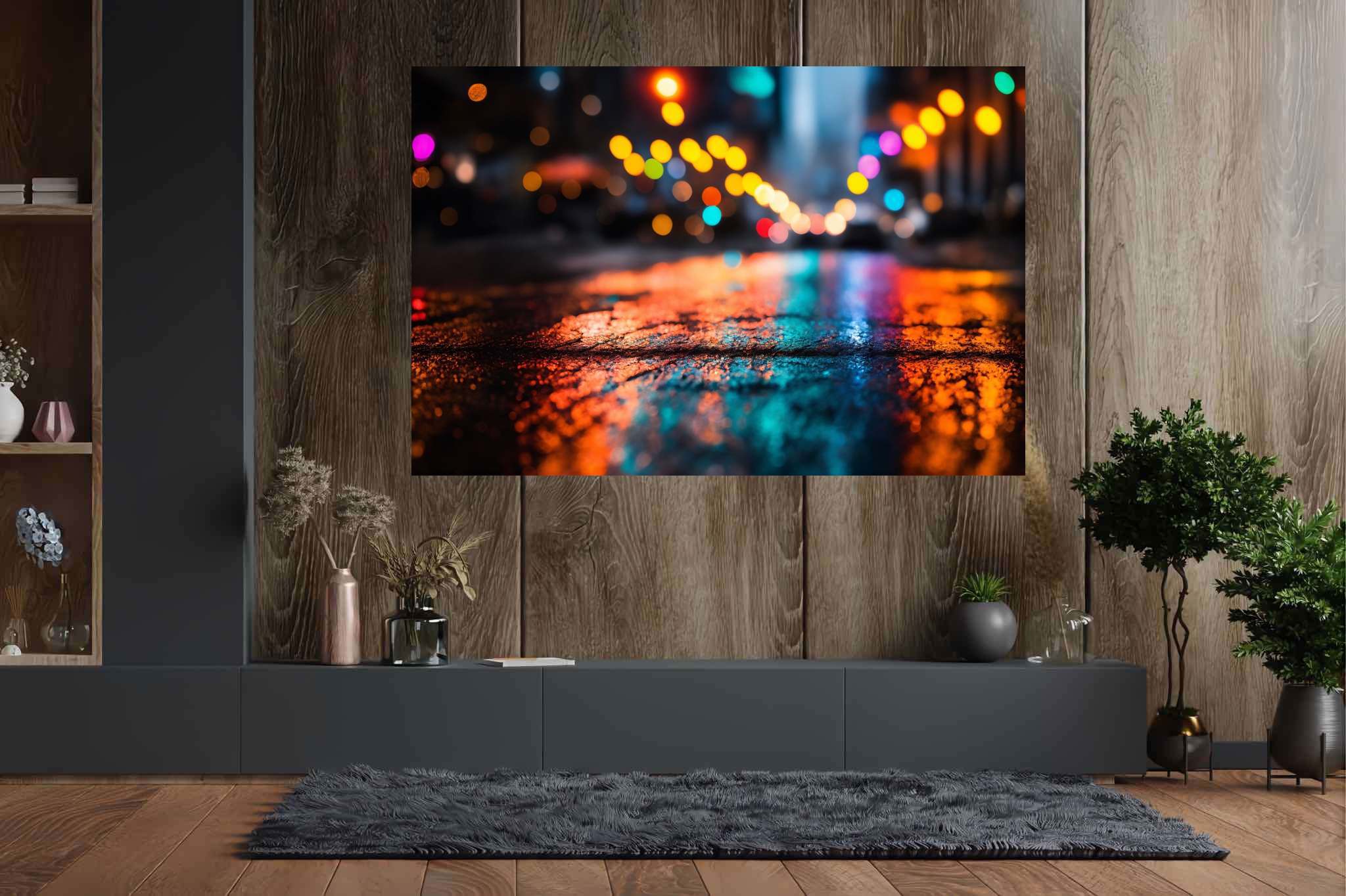 Urban nocturne serenade: Nighttime cityscape art with nocturnal city landscapes, in a room with great design, bespoke art designs, and home styling items. The art can be printed on poster, framed poster, canvas, metal, acrylic or wood, exclusively at WallArtZen. Find this exact print at https://wallartzen.com/waz316