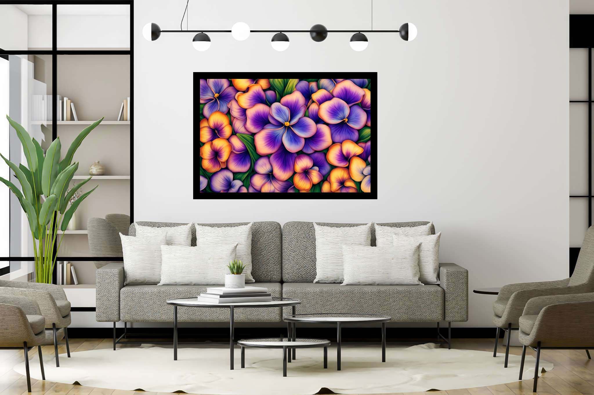 Bloom symphony serenade: Vibrant flower garden art with lively garden scenes, in a room with classic elegance, digital art pieces, and trendy home accents. The art can be printed on poster, framed poster, canvas, metal, acrylic or wood, exclusively at WallArtZen. Find this exact print at https://wallartzen.com/waz317