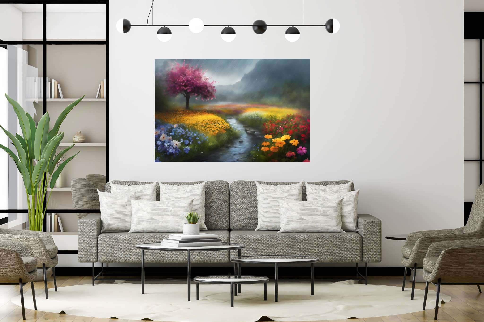 Serenity's palette embrace: Landscape art with stunning scenery, in a room with elegant layout, wall art, and trendy home accents. The art can be printed on poster, framed poster, canvas, metal, acrylic or wood, exclusively at WallArtZen. Find this exact print at https://wallartzen.com/waz318