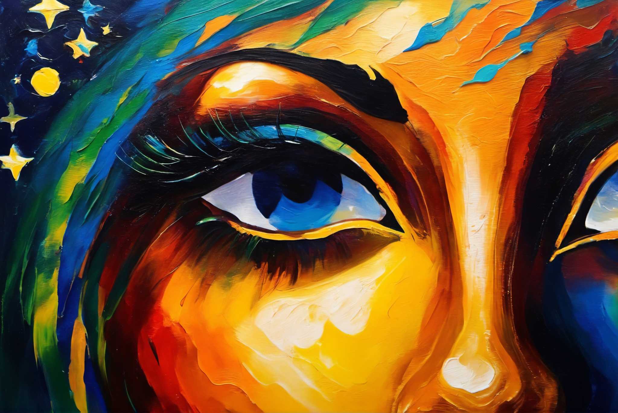 Gaze of the starlit muse: Vibrant art with vibrant pop art, in a room with contemporary flair, wall art, and decorative pieces. The art can be printed on poster, framed poster, canvas, metal, acrylic or wood, exclusively at WallArtZen. Find this exact print at https://wallartzen.com/waz319