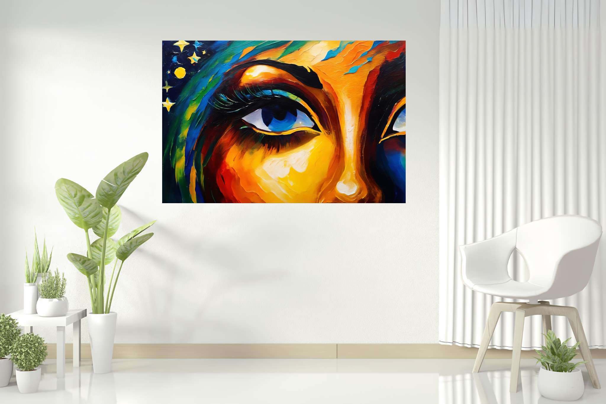 Gaze of the starlit muse: Vibrant art with dynamic artistic expressions, in a room with innovative layout, fine art prints, and home styling items. The art can be printed on poster, framed poster, canvas, metal, acrylic or wood, exclusively at WallArtZen. Find this exact print at https://wallartzen.com/waz319