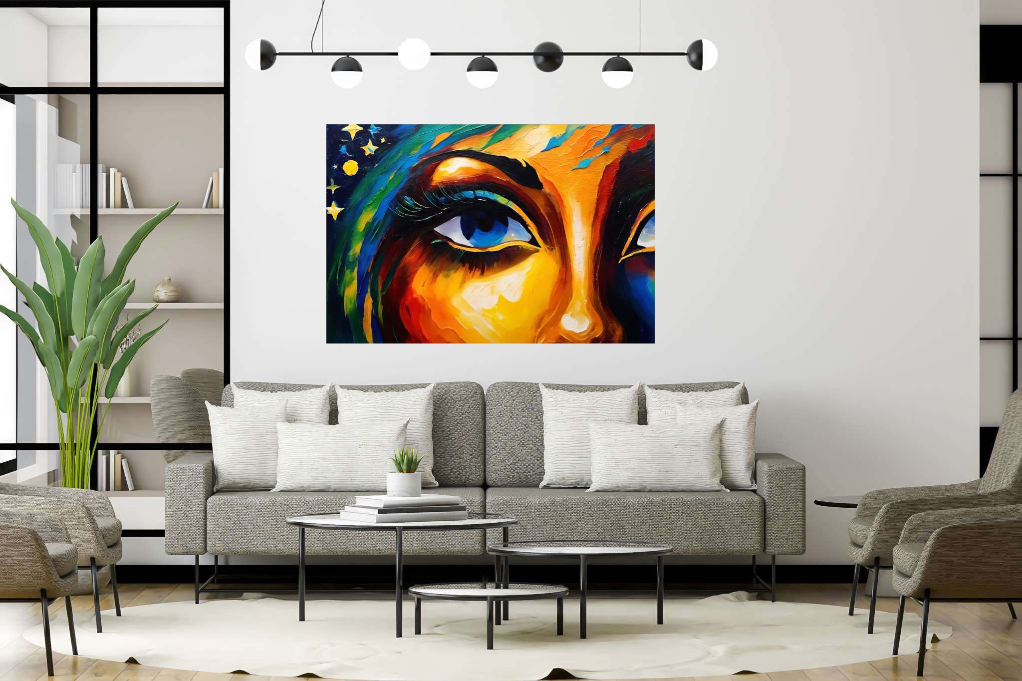 Gaze of the starlit muse: Vibrant art with vibrant digital art, in a room with modern style, photographic wall art, and home styling items. The art can be printed on poster, framed poster, canvas, metal, acrylic or wood, exclusively at WallArtZen. Find this exact print at https://wallartzen.com/waz319
