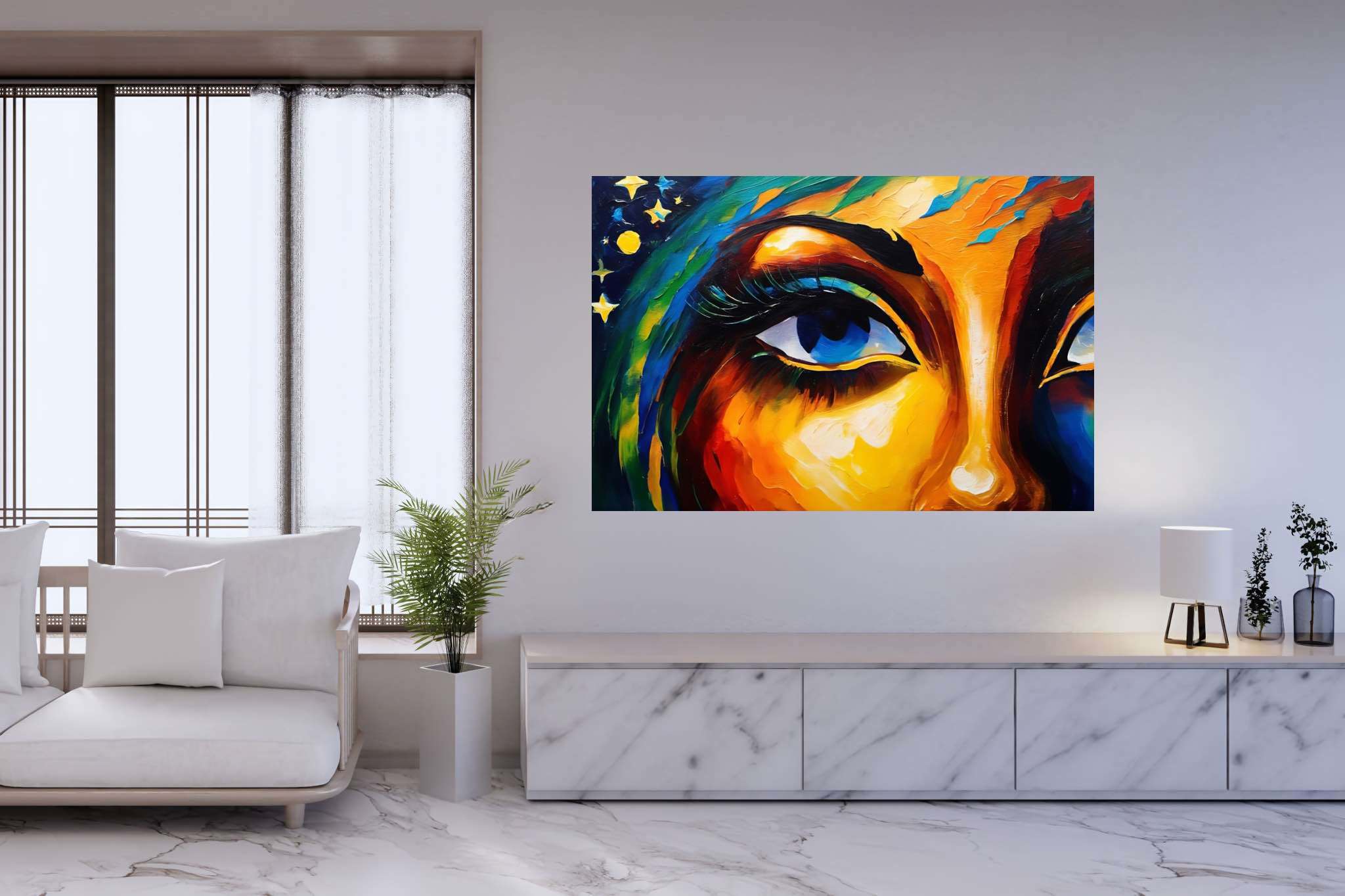 Gaze of the starlit muse: Vibrant art with lively paintings, in a room with chic decor, photographic wall art, and artisan decor. The art can be printed on poster, framed poster, canvas, metal, acrylic or wood, exclusively at WallArtZen. Find this exact print at https://wallartzen.com/waz319