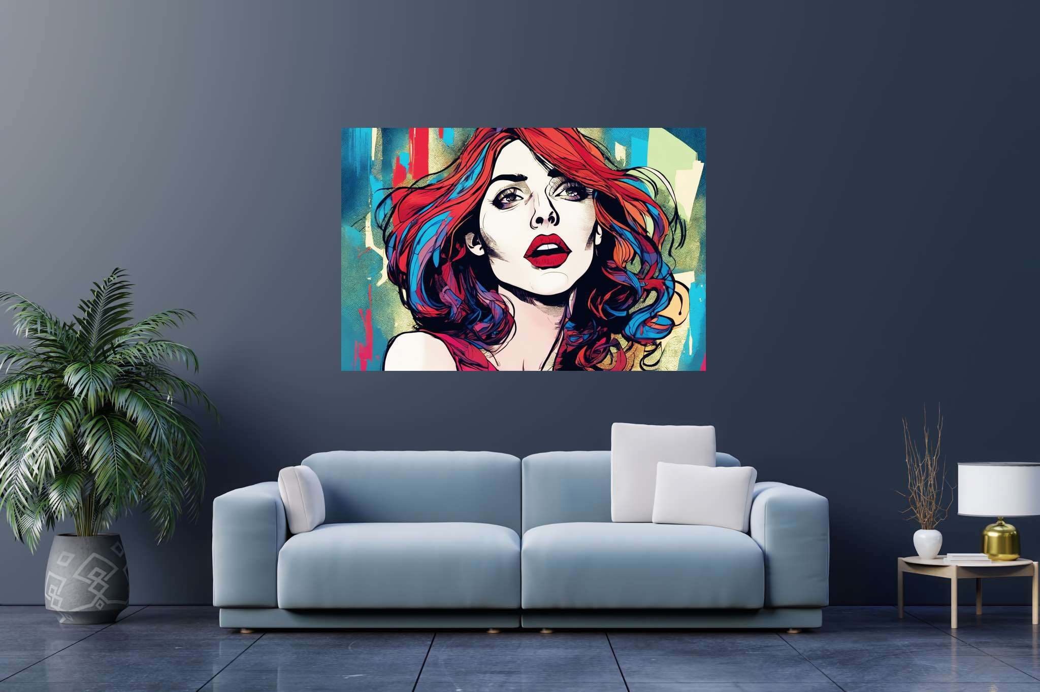 Crimson cascade enigma: Vibrant art with colorful paintings, in a room with great design, wall hangings, and home styling items. The art can be printed on poster, framed poster, canvas, metal, acrylic or wood, exclusively at WallArtZen. Find this exact print at https://wallartzen.com/waz31