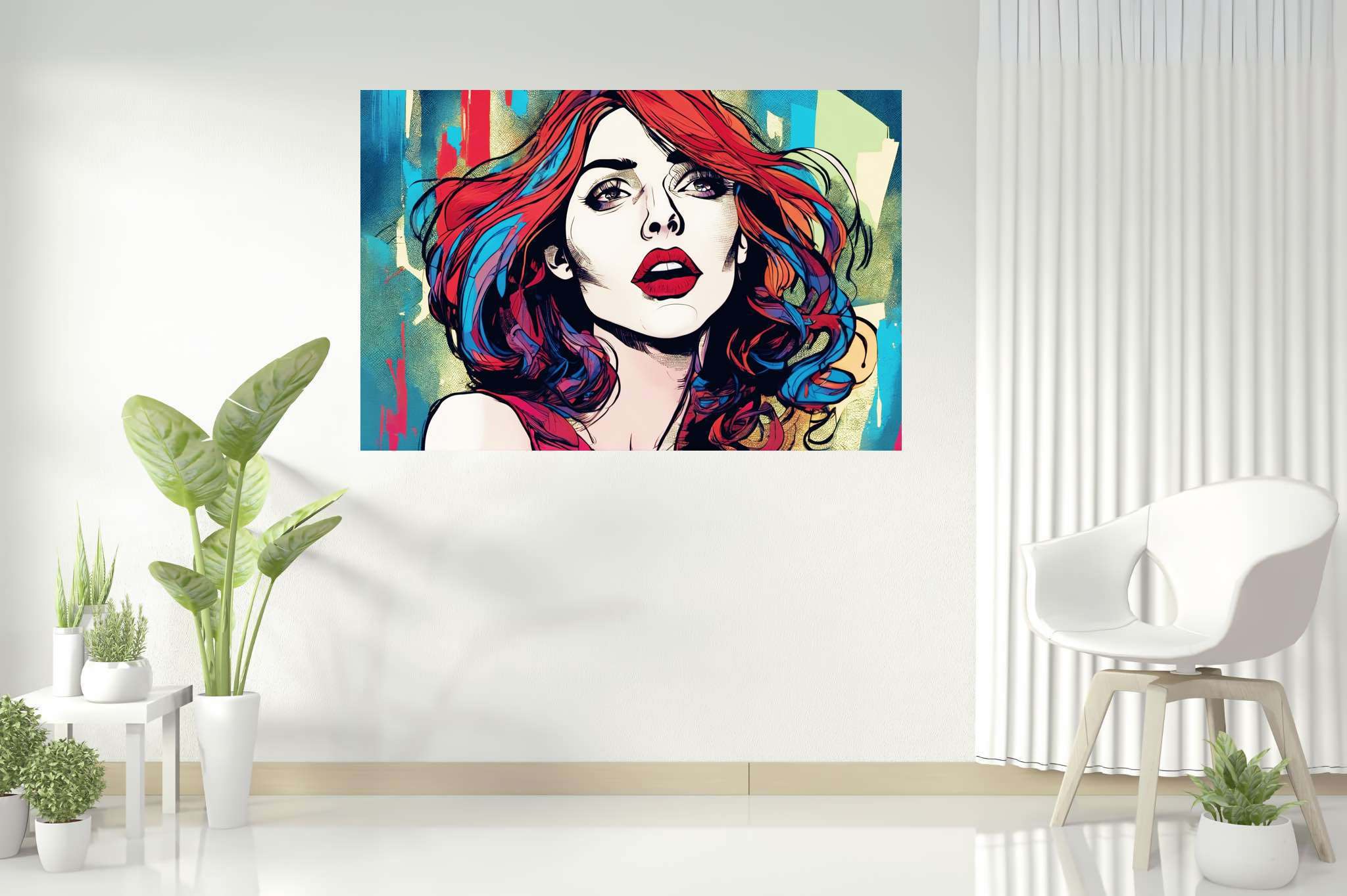 Crimson cascade enigma: Vibrant art with vibrant sculptures, in a room with contemporary flair, bespoke art designs, and interior decorations. The art can be printed on poster, framed poster, canvas, metal, acrylic or wood, exclusively at WallArtZen. Find this exact print at https://wallartzen.com/waz31