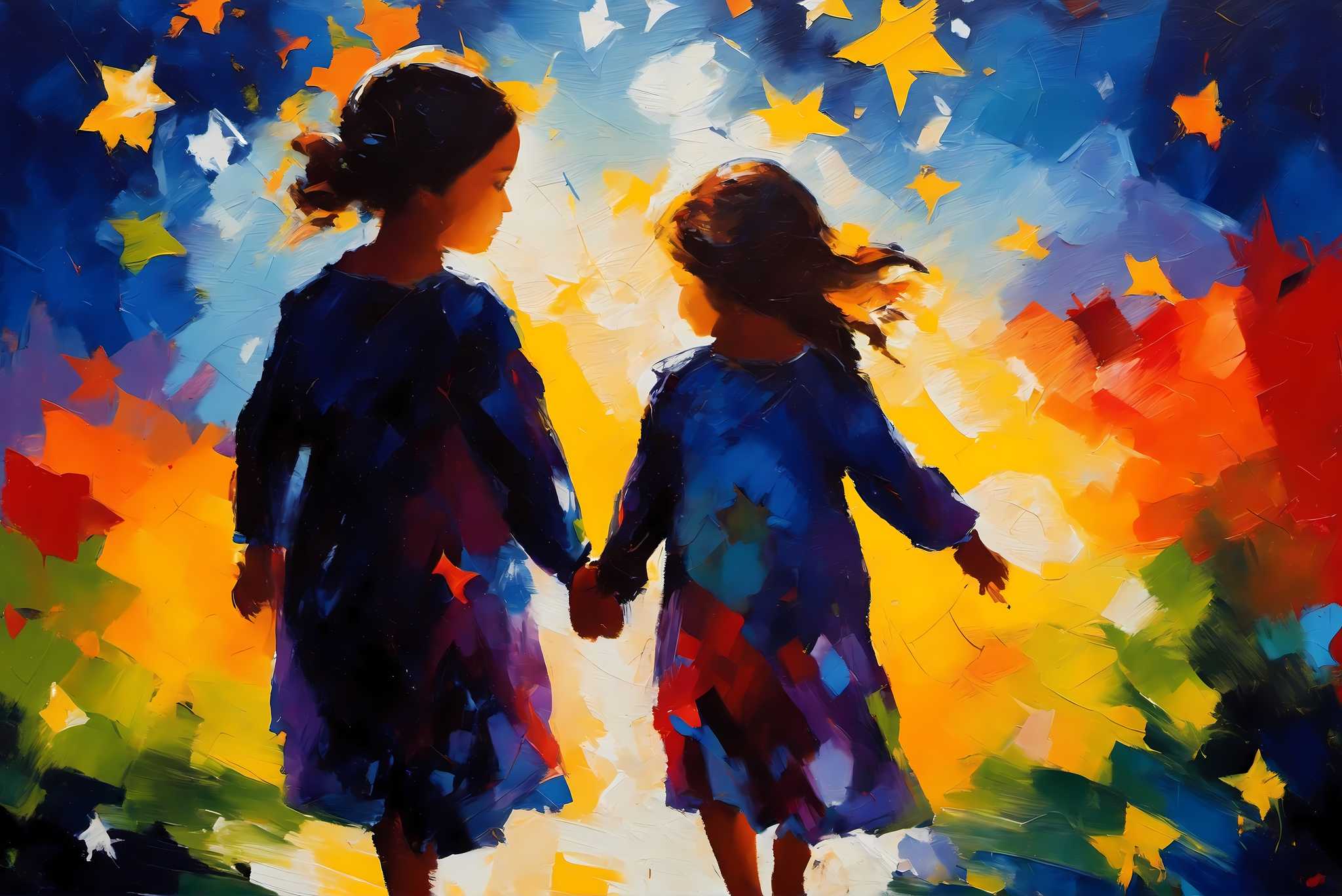 Stardust companionship: Vibrant girls art with vibrant female artists, in a room with modern style, digital art pieces, and home styling items. The art can be printed on poster, framed poster, canvas, metal, acrylic or wood, exclusively at WallArtZen. Find this exact print at https://wallartzen.com/waz320
