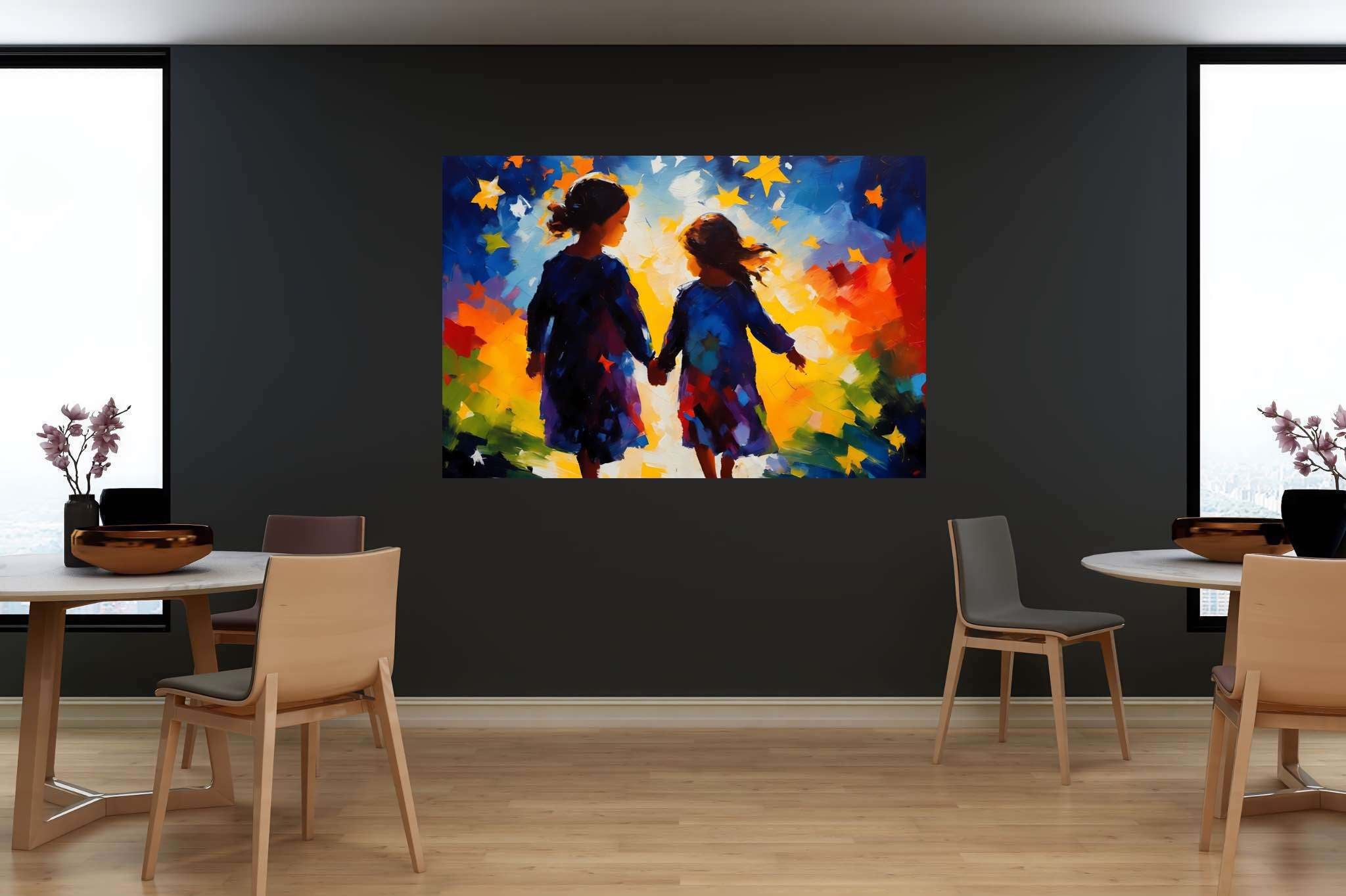 Stardust companionship: Vibrant girls art with vibrant feminine creations, in a room with contemporary flair, wall art, and luxe decor. The art can be printed on poster, framed poster, canvas, metal, acrylic or wood, exclusively at WallArtZen. Find this exact print at https://wallartzen.com/waz320